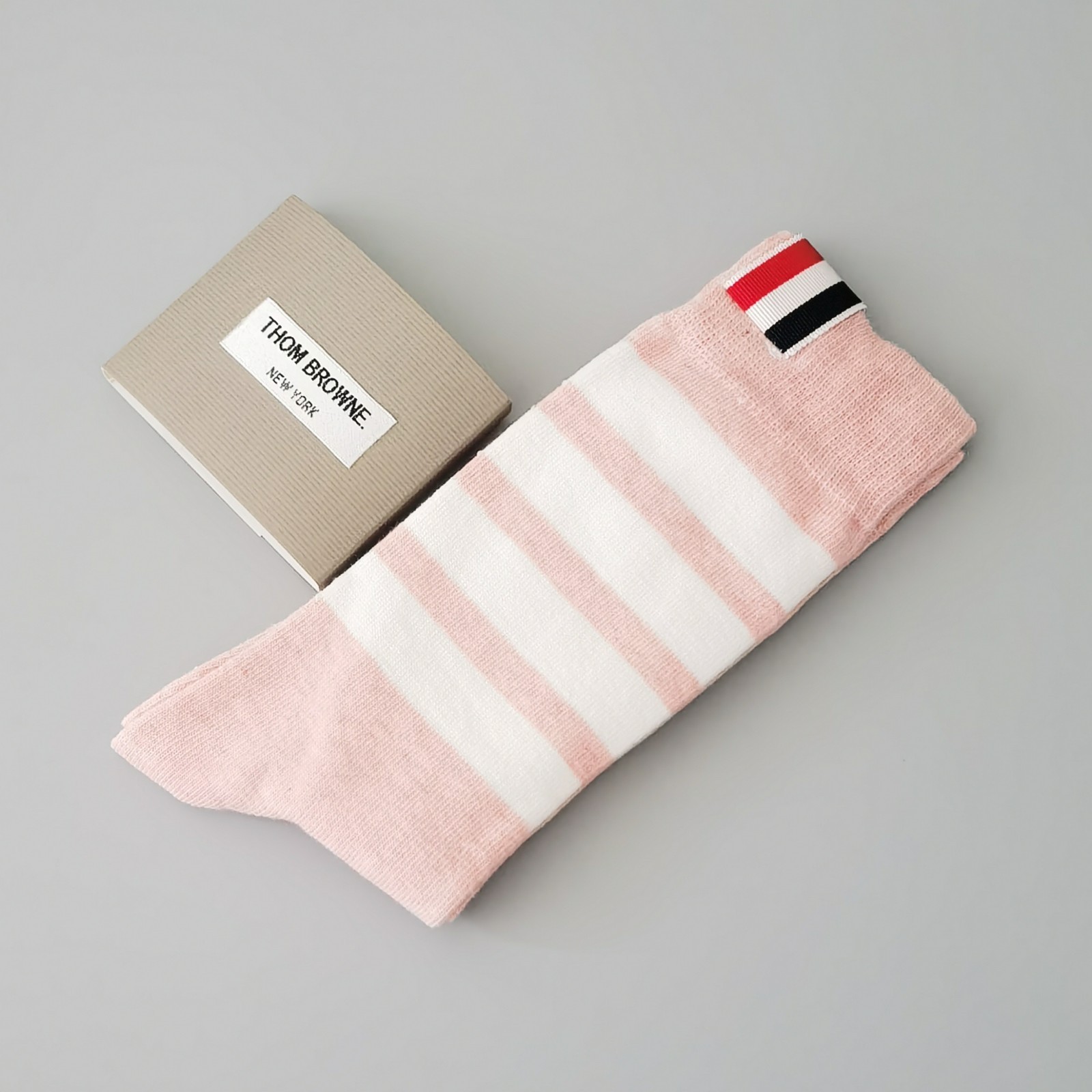 Thom Browne Women Mid Calf Socks Cotton Knit Stripe Pink Spring and Autumn Style
