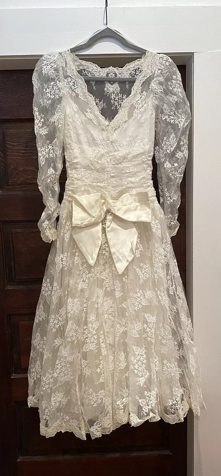 VTG 80s Wedding Dress Lace Tea Length Scalloped Hem Mori Lee MORILEE SZ 10