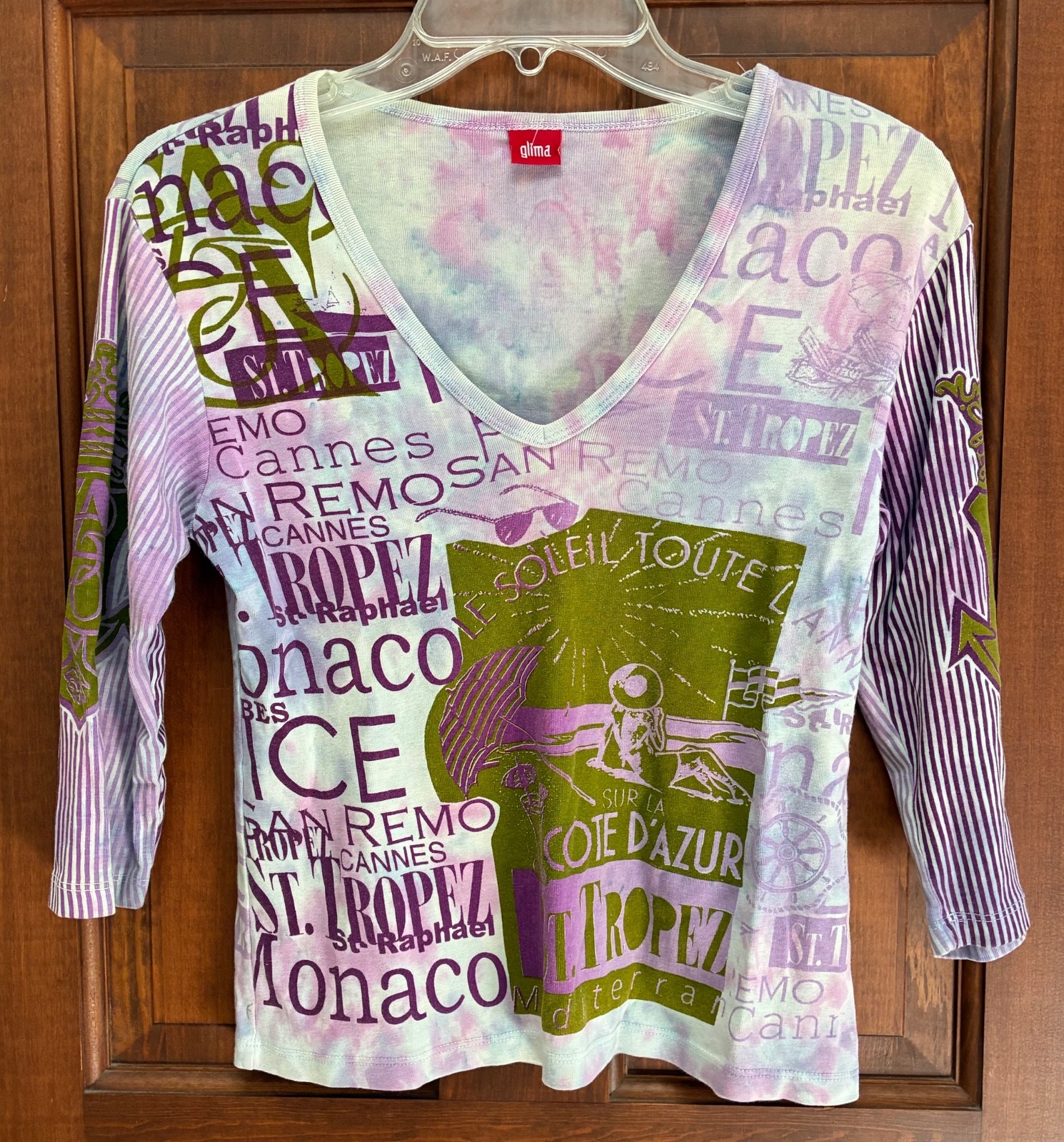 Glima Y2K VTG 90s Shirt Sz M Purples, Pinks, Olive Green 3/4 Sleeves V Neck