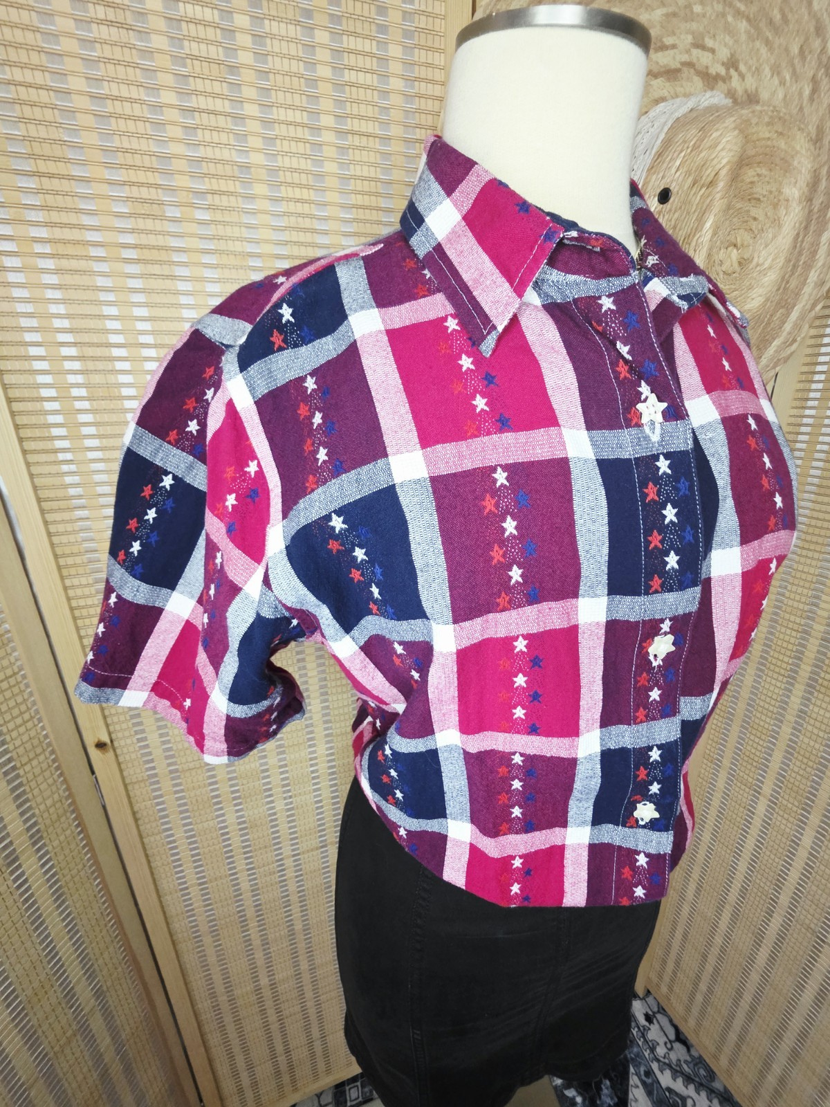 100% Cotton Red White & Navy Blue Plaid Shirt w/ Embroidered Stars, Star Buttons
