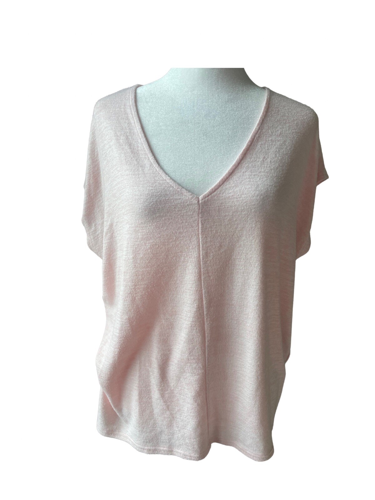 Women’s Size Large Pink V Neck Rayon Knit Short Sleeve Top