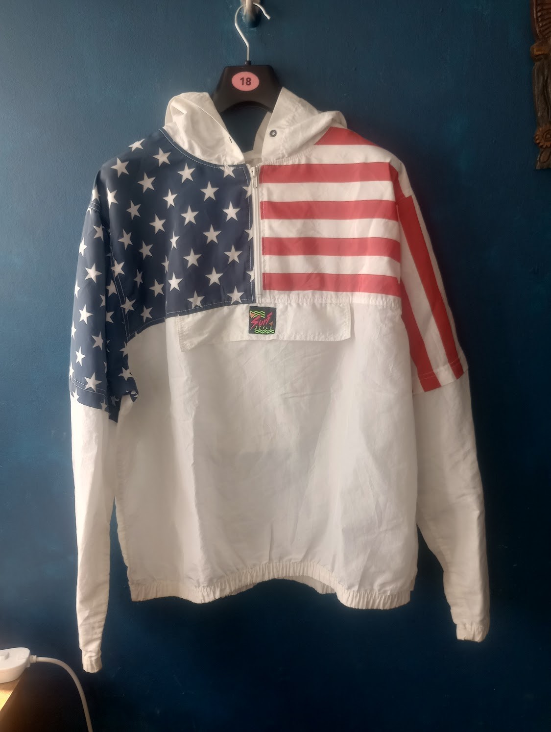 Surf Style Windbreaker Jacket Mens One Size 1/4 Zip Pullover USA Flag Print 90s