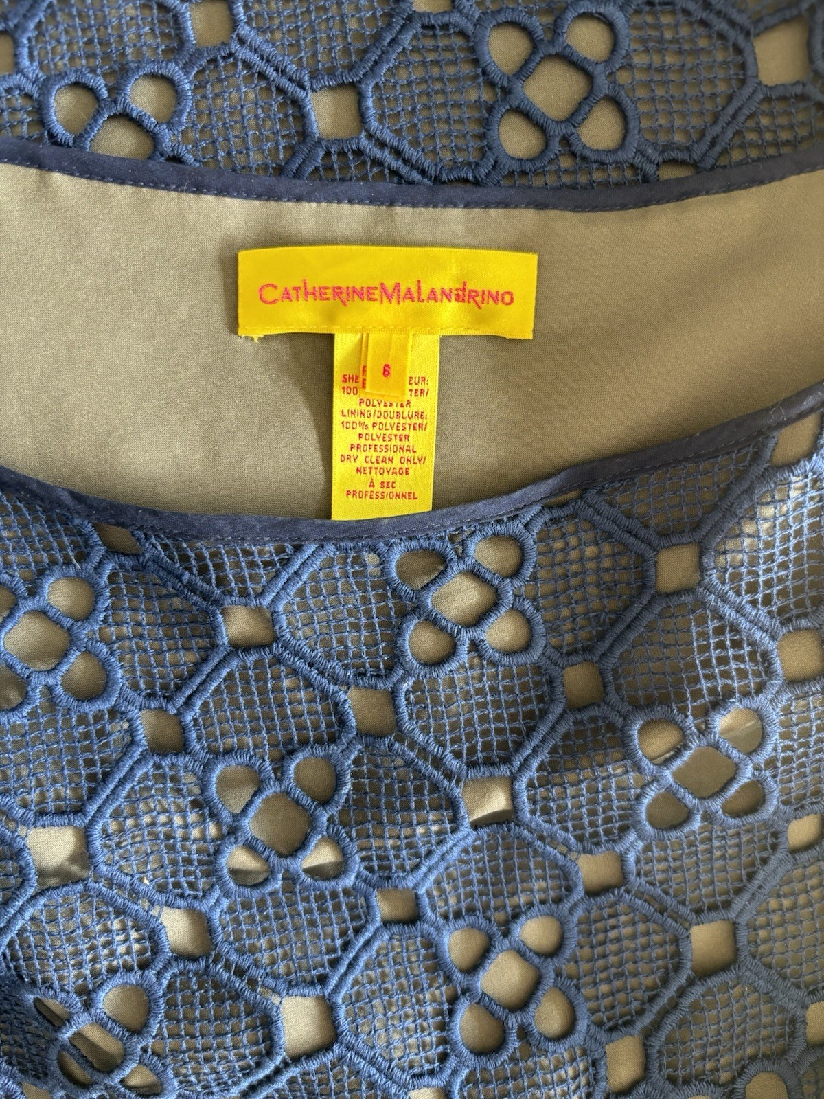 Catherine Malandrino Size 8 Navy Over Olive Green 3/4 Sleeve Shift Dress