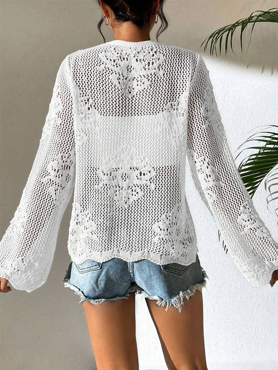 Women’s White Tie Front Cardigan Openwork Crochet Beach Cover Up Sweater