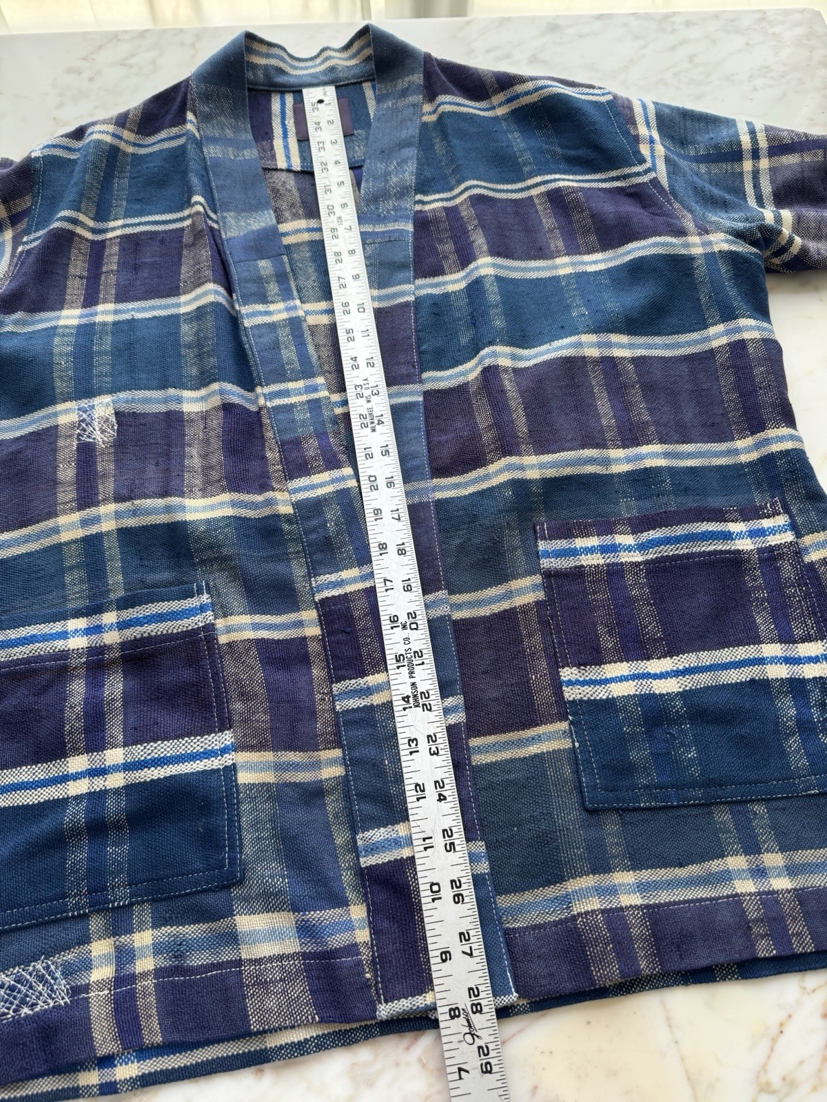 Res Ipsa Indigo Plaid Handwoven Linen Kimono Jacket Unisex L Vintage Morocco