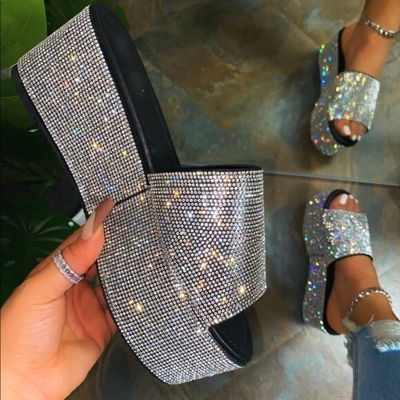 New Women’s Bling Rhinestone Open Toe Platform Slide Sandal Mules Med Wedge Heel