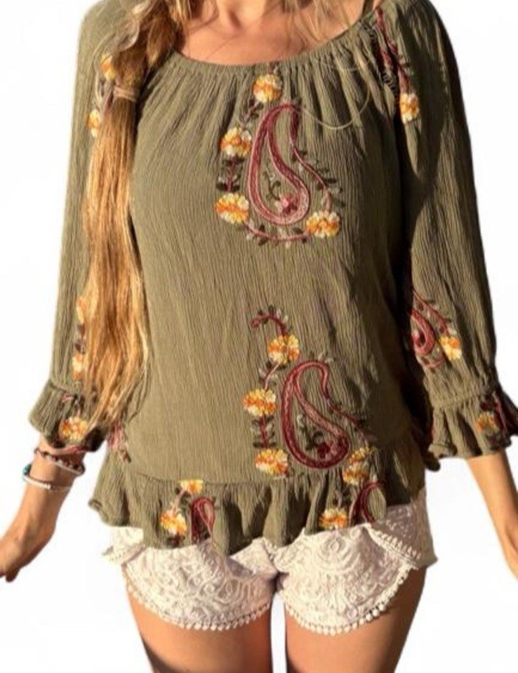 OD Forest Green embroidered Boho Peasant peplum ruffle blouse small