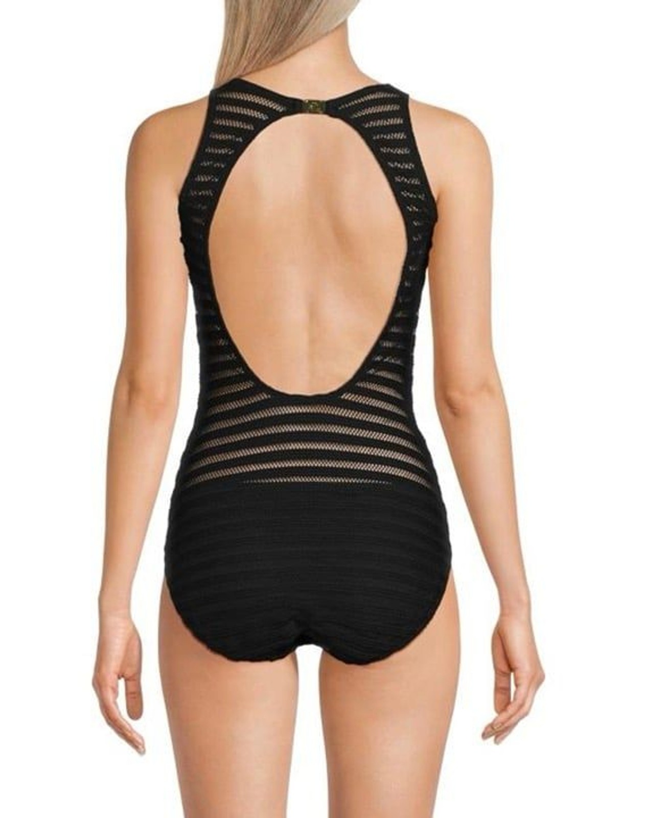 NWT Lauren Ralph Lauren Black Ottoman Boatneck Mesh One Piece Swimsuit 16