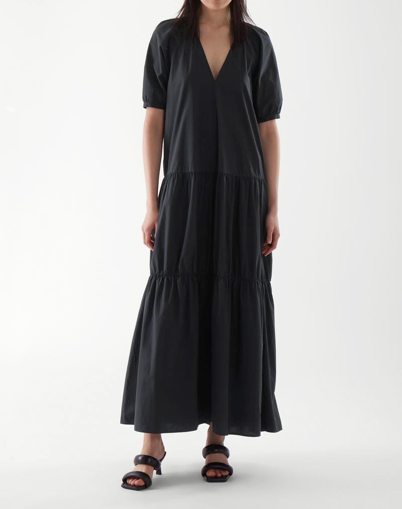 COS cotton maxi dress size 2 preowned tiered puff sleeve v-neck minimal boho