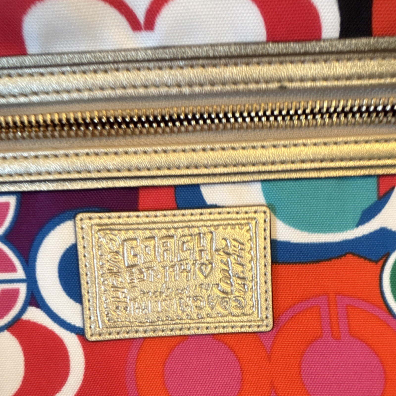 Coach Multicolor Logo Print Shoulder Bag Gold Hardware Metallic Trim Heart Charm