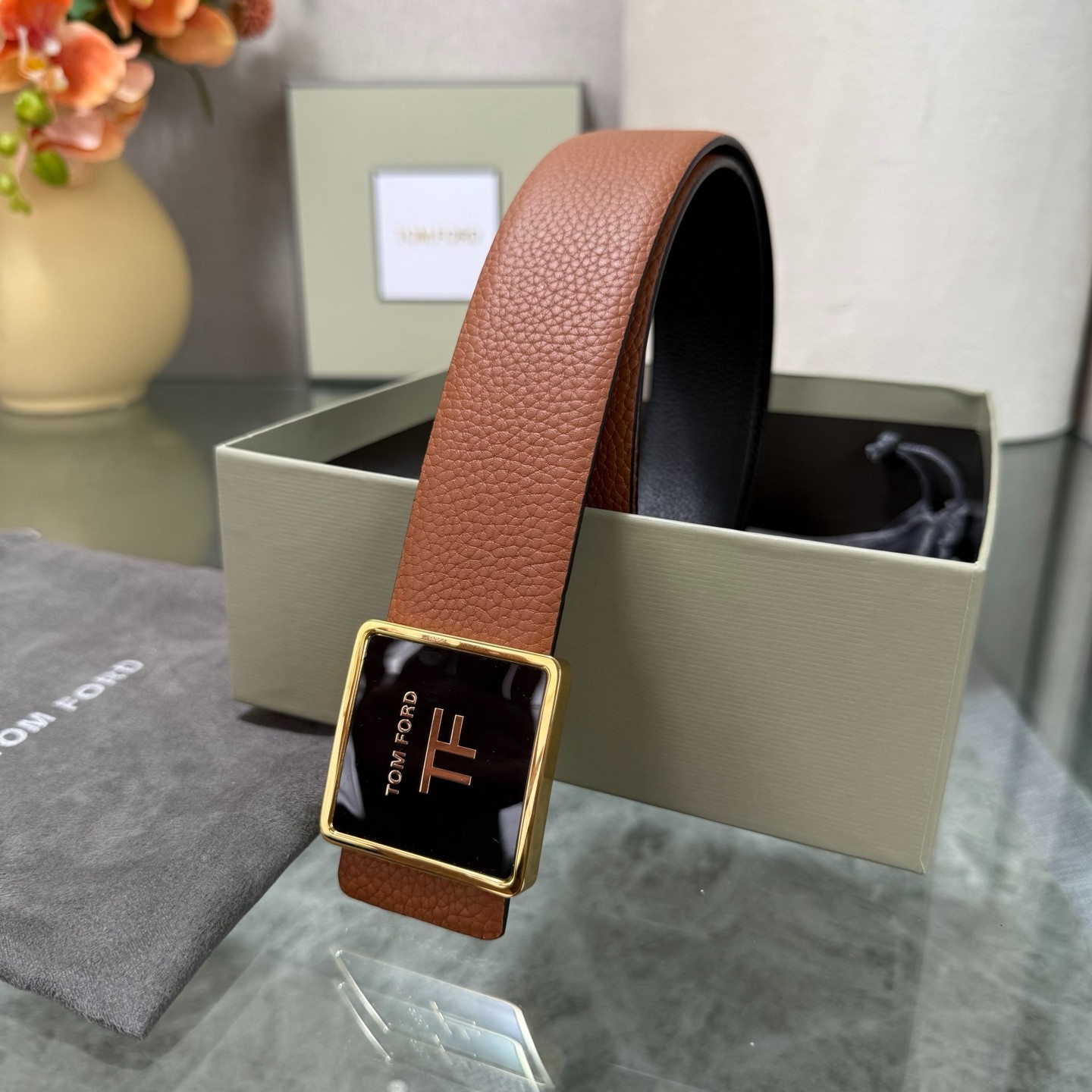 Authentic Tom Ford Reversible Leather T-Buckle Belt Luxury Designer Fashion