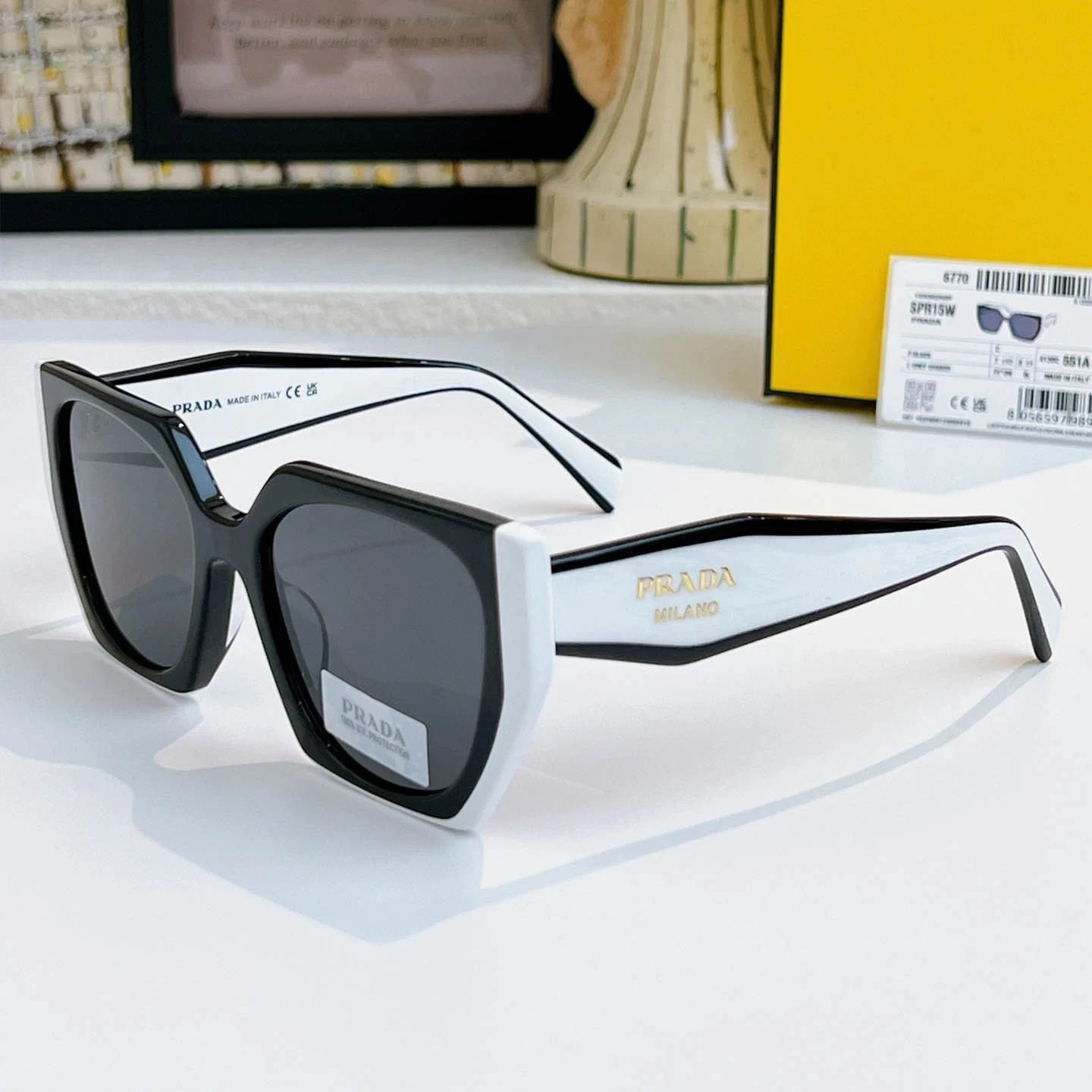 Prada PR 15WS Oversize Square Sunglasses Women Black White Frame UV400 Authentic