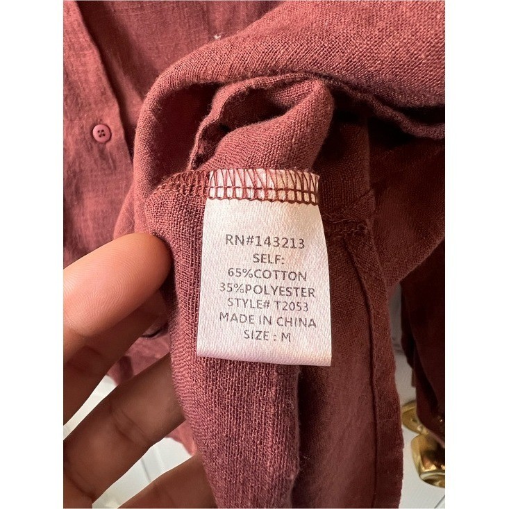 Rust Red Lagenlook Button-Up Cotton Blend Oversized Shirt – Medium