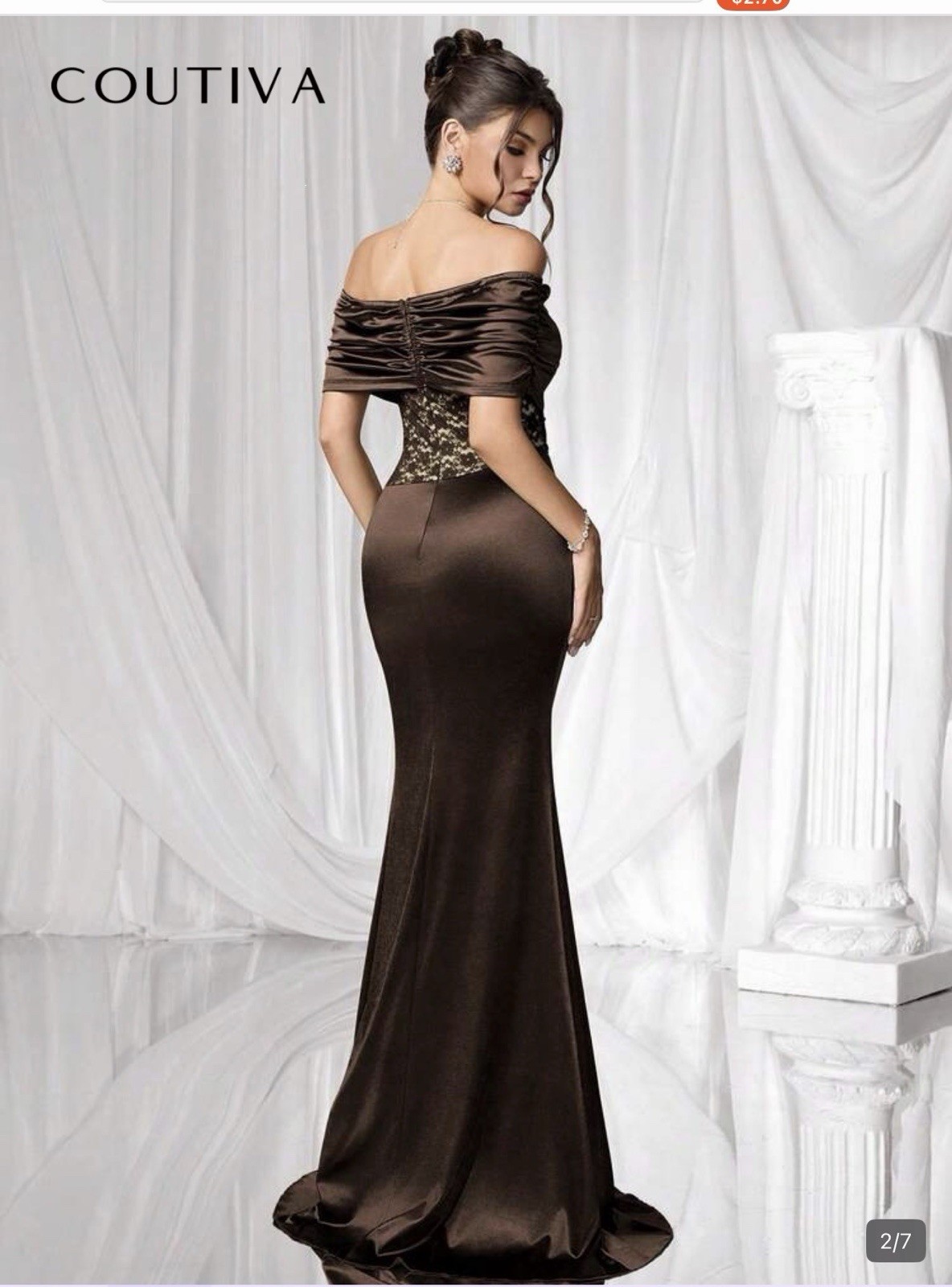 COUTIVA Women’s Brown Solid Ruched Satin Mermaid Maxi Dress Short Sleeve XL