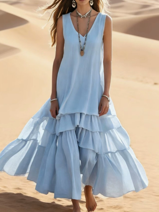 Womens Sleeveless Maxi Dress Casual Flowy Tiered Ruffle Cotton Linen Long Dress