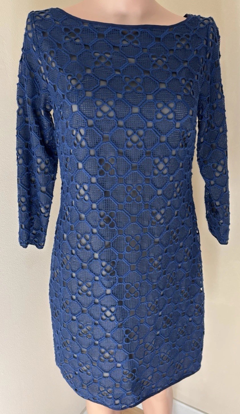 Catherine Malandrino Size 8 Navy Over Olive Green 3/4 Sleeve Shift Dress