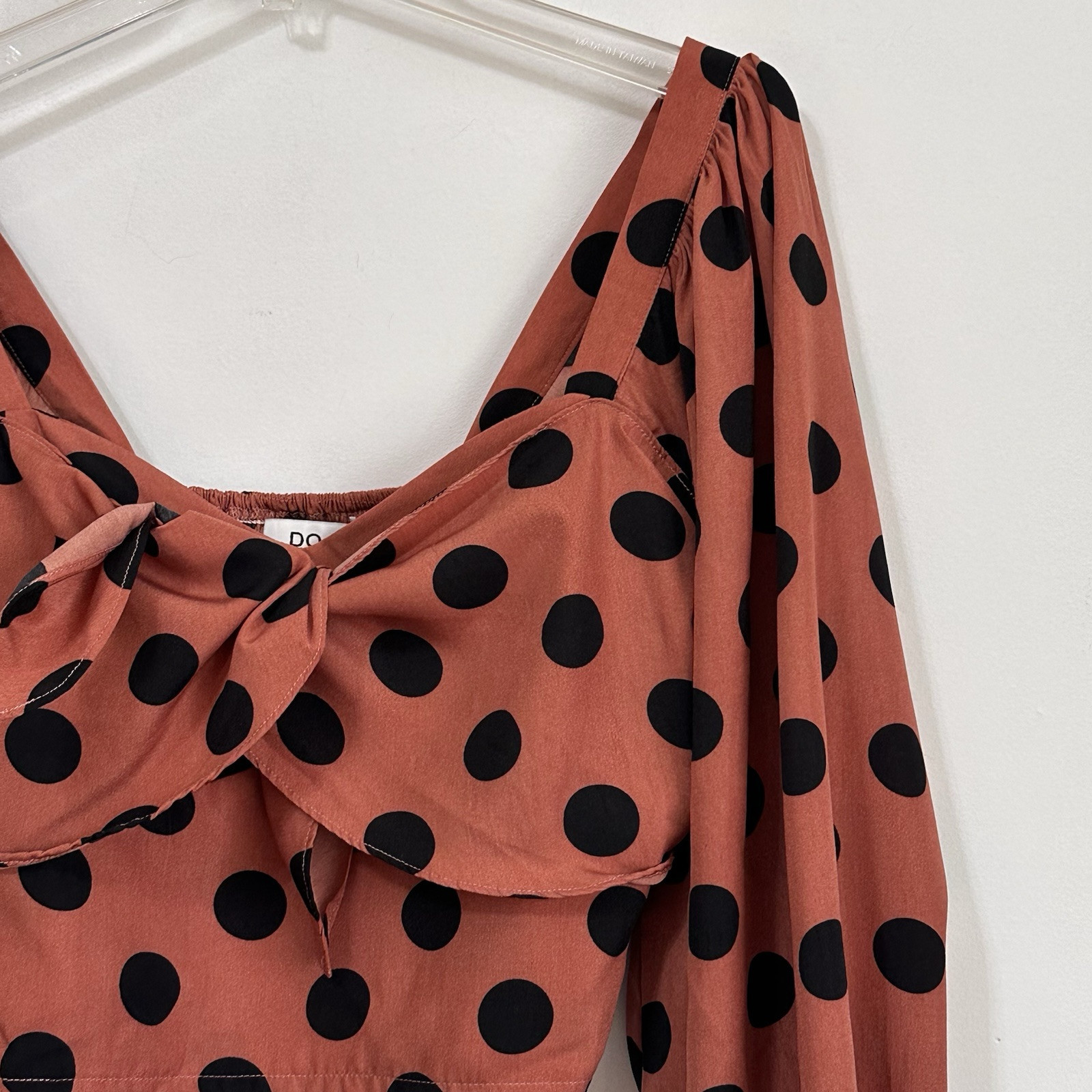 Do+Be Top L Crop Smocked Tie Front Long Sleeve Brown Polka Dot Festival Summer