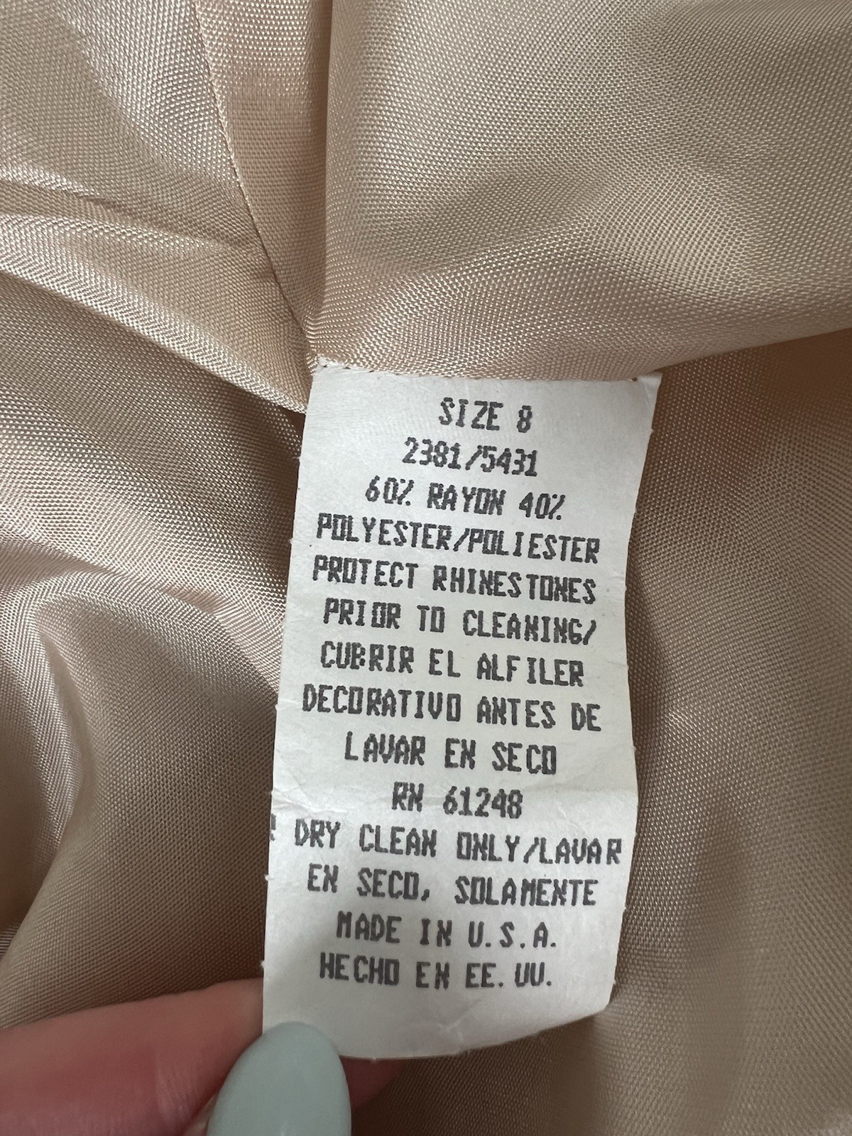 Vintage Cachet Blazer Jacket Ivory Beige One Button Rhinestone Satin Size 8