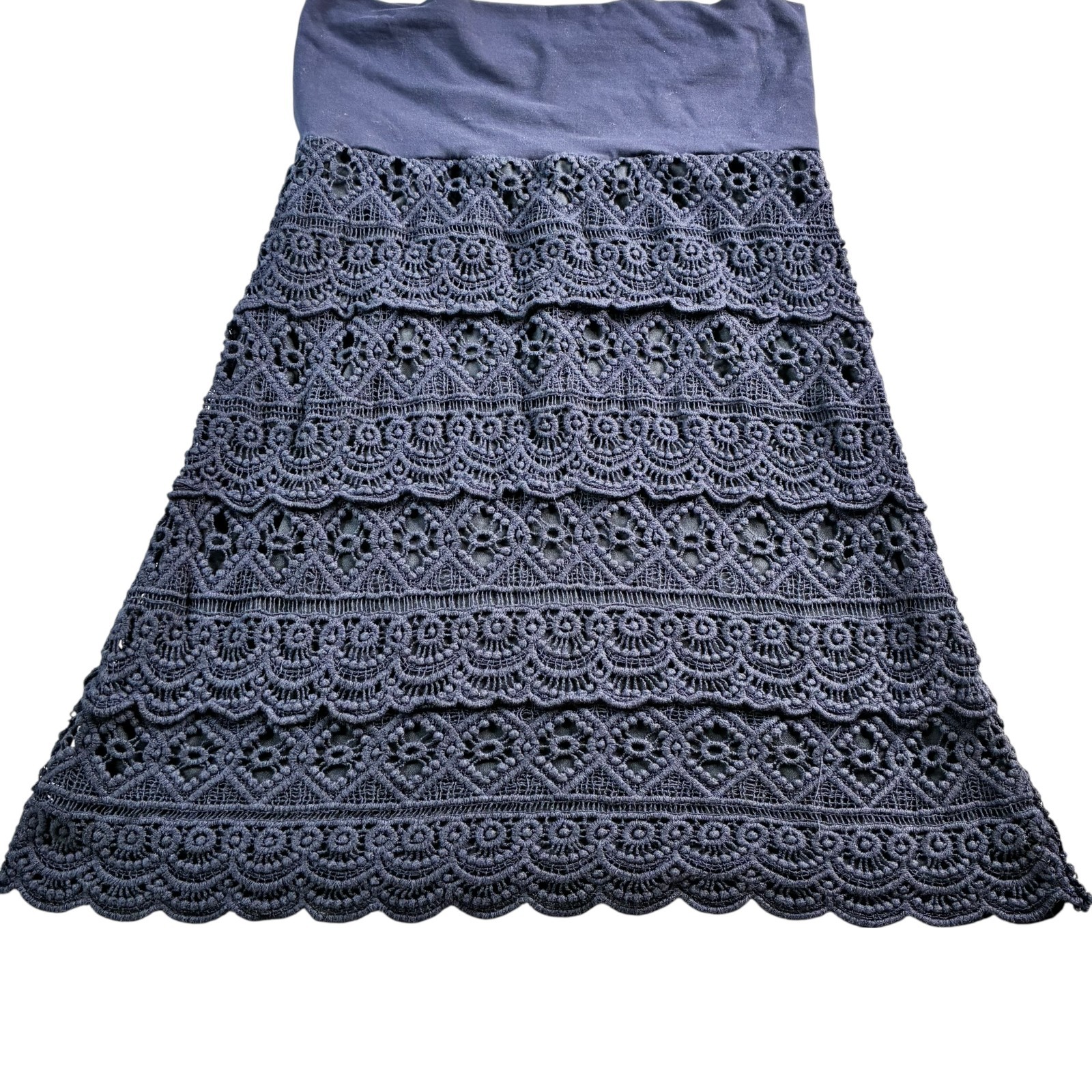 Solitaire Womens Mini Skirt Navy Blue Sz Sm Crochet Lace Lined Elastic Waistband