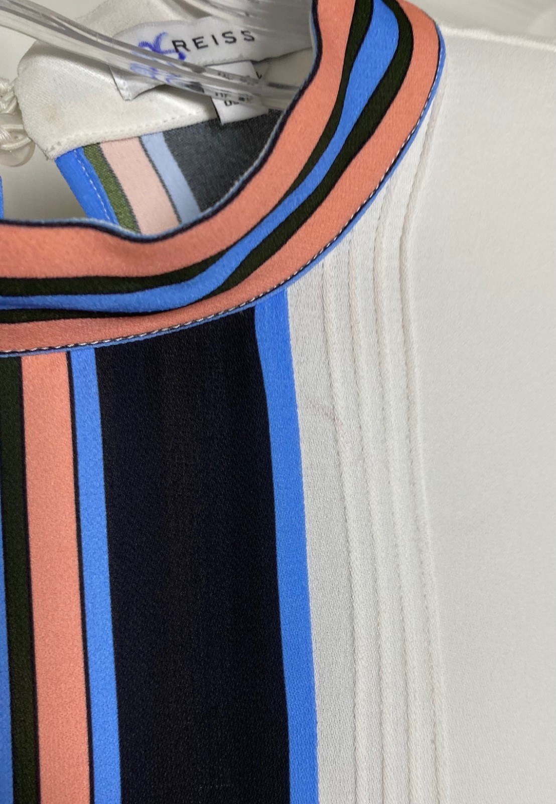 REISS White Blue Black Coral Stripe Pleated High-Neck Sleeveless Tank Top 8 US M