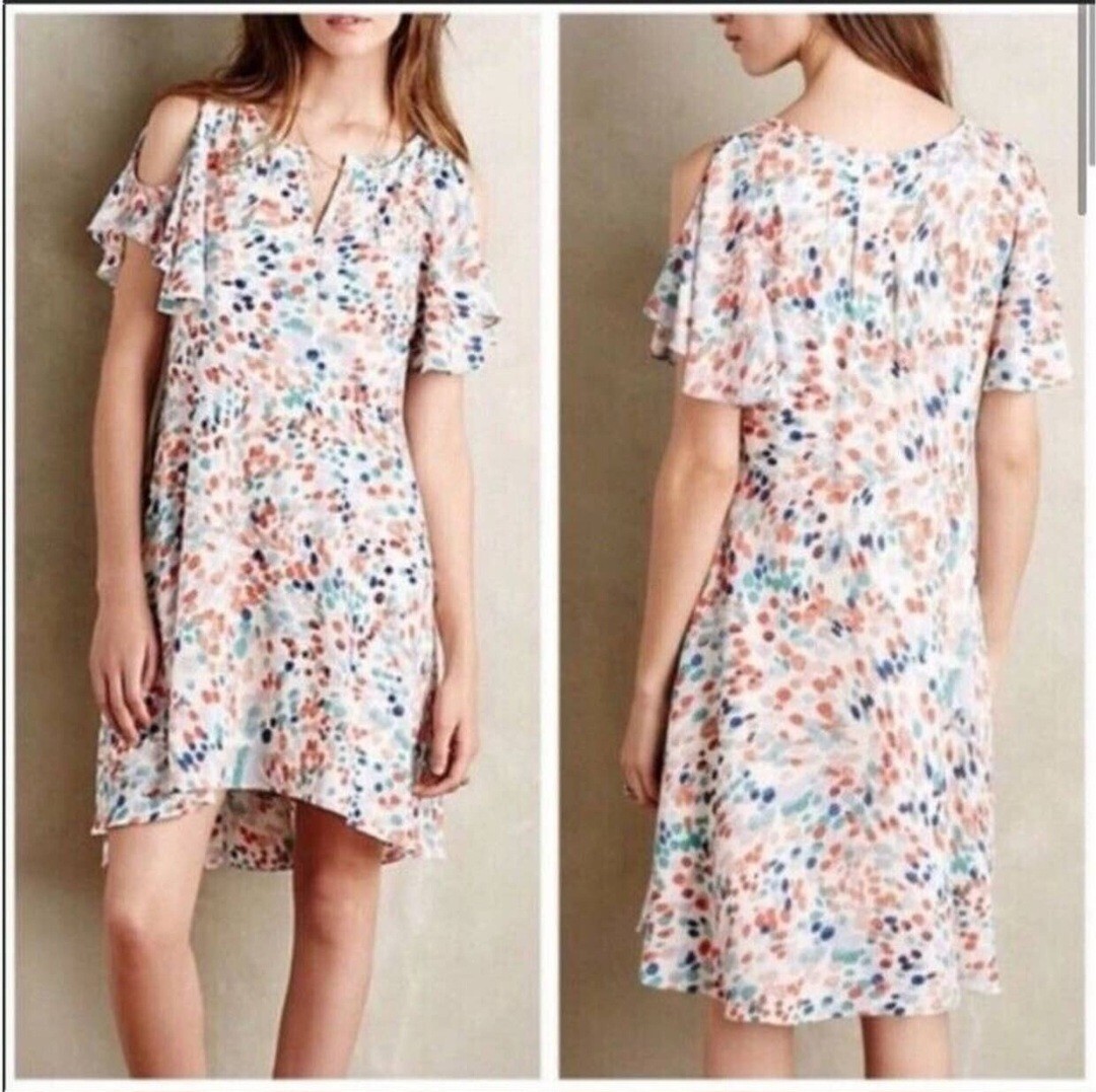 Anthropologie Maeve Dress Womens Size Med Watercolor Dot Print Flutter Sleeve