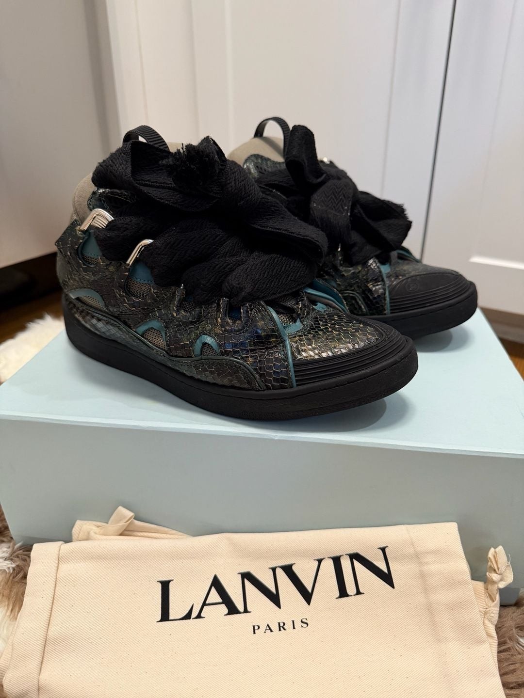 Lanvin Curb Snake-Embossed Leather Sneakers in Green and Black