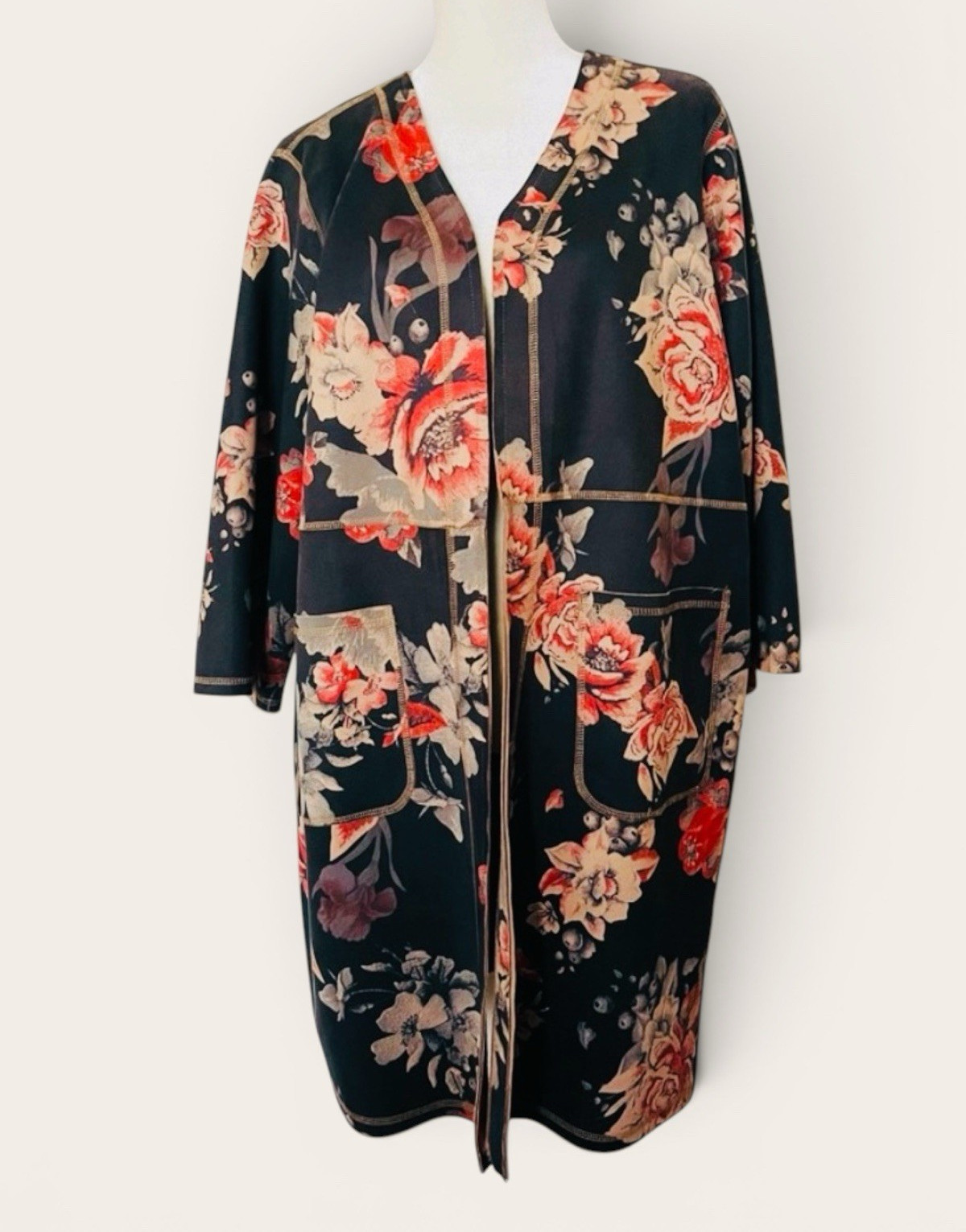 Philosophy Women’s 1X Black Floral Kimono Jacket 3/4 Sleeve Open Front Pockets