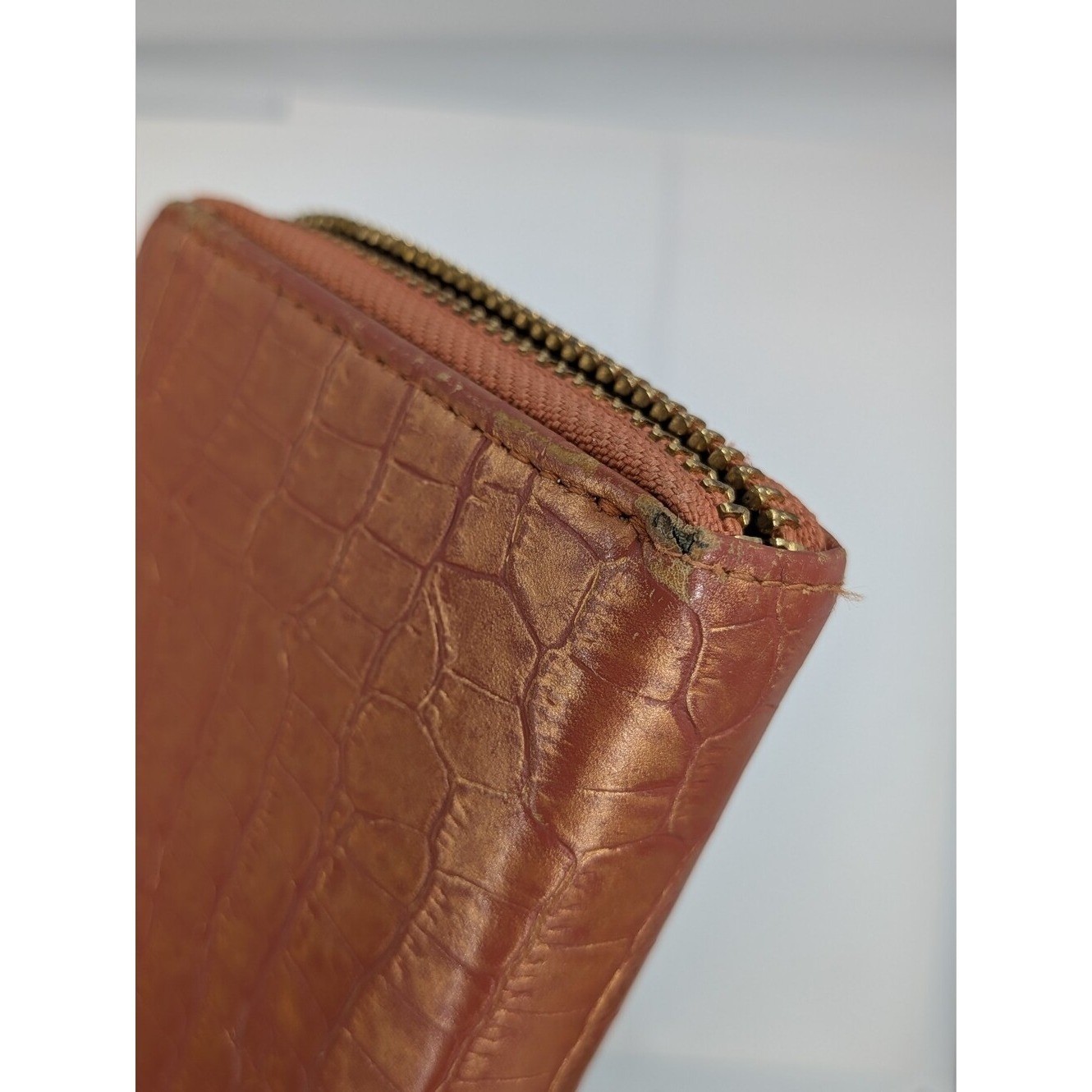 Lanvin Collection Wallet Dark Coral Crocodile Embossed Zip Around Long Accordion