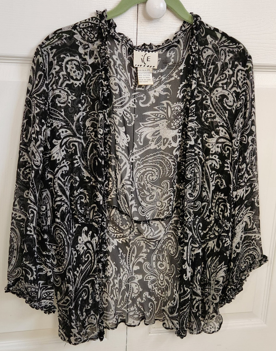 Vintage ICE brand 100% SILK Sheer Top Kimono Ruffles Beaded Accent Y2K ~ size 20