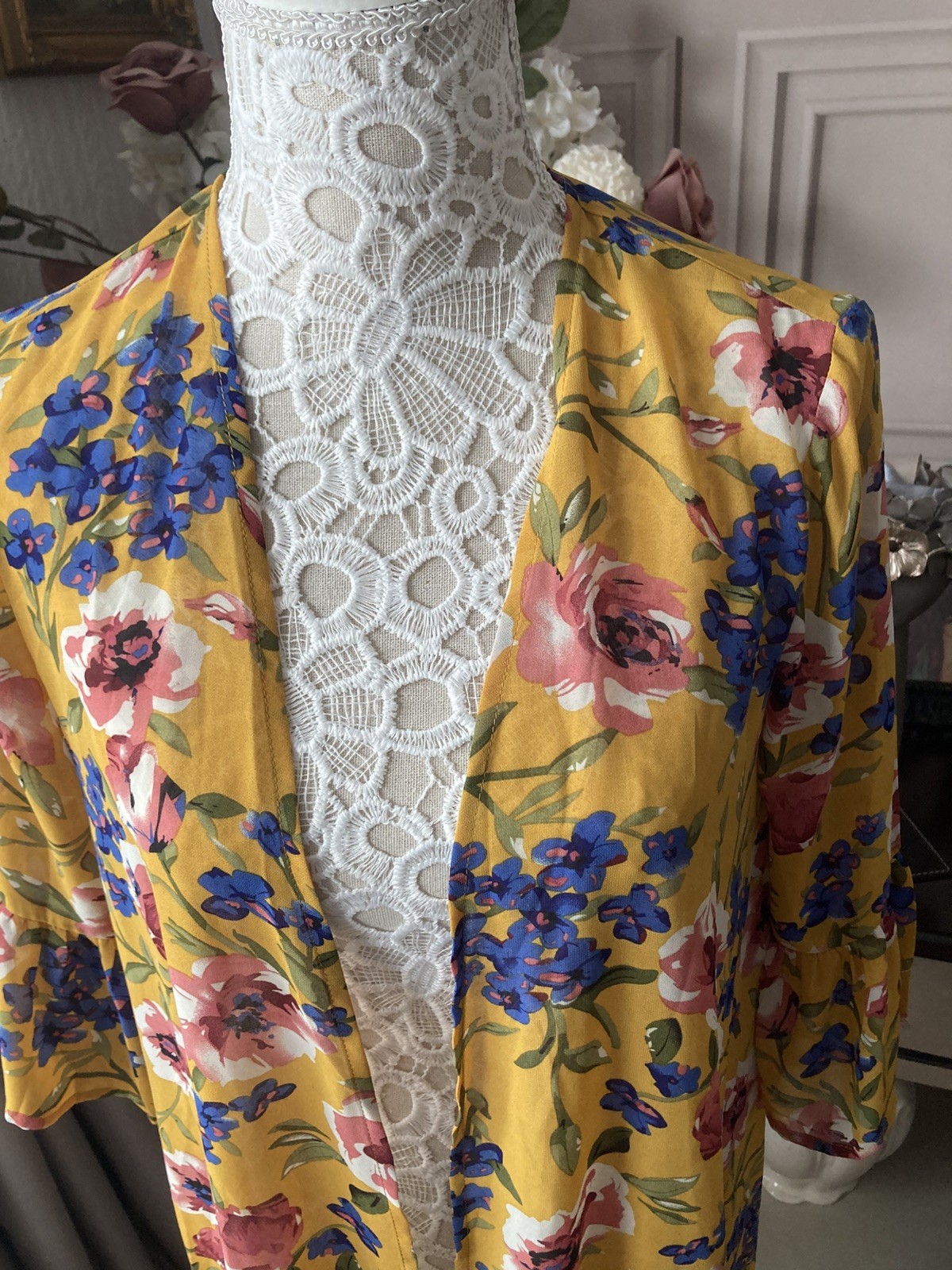 Shein Mustard Yellow Multi Floral Print Long Sleeve Open Jacket M