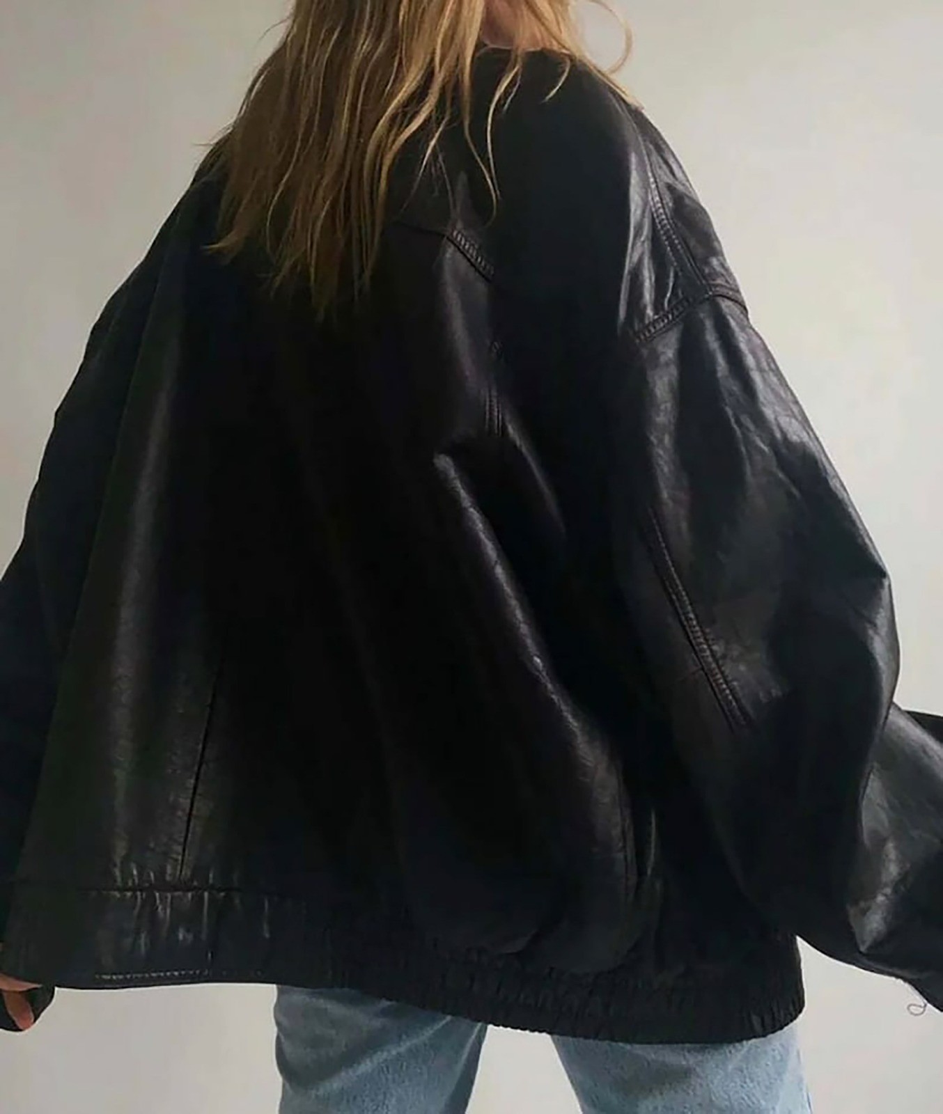 Womens Oversized Black Faux Leather Bomber Jacket Vintage Y2K Casual Coat