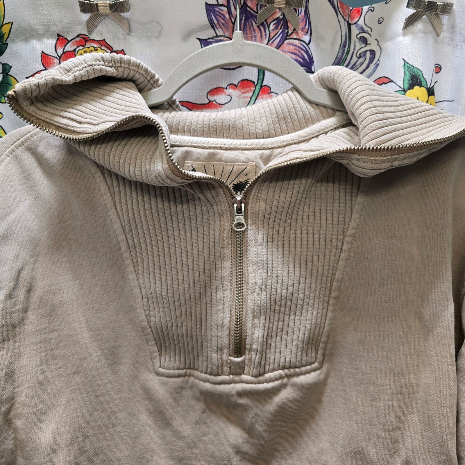 C&C California Sunwashed Quarter Zip Pullover Sweatshirt Beige Tan Womens Small