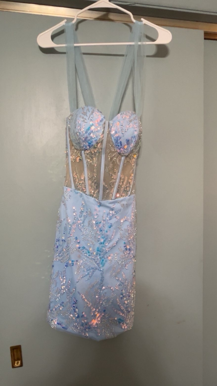 PROM, Light Blue Sequin Sweetheart Lace-Up Mini Dress, Sleeveless Strappy, S