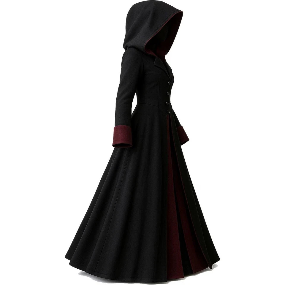 Women Gothic Wool Hooded Coat – Long Medieval Victorian Overcoat Unique Two-Tone