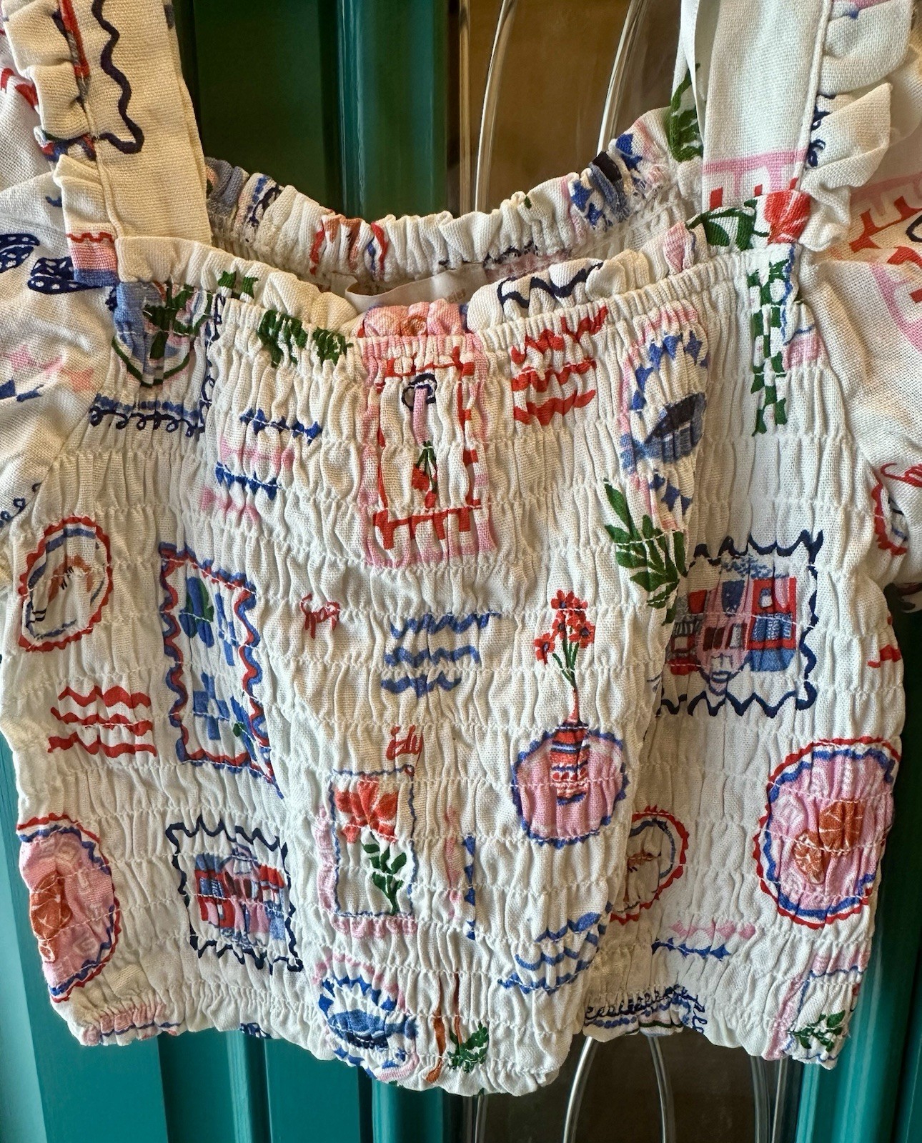 Monteau Novelty Stamp Print Smocked Puff Sleeve Crop Top Italy Resort Linen M