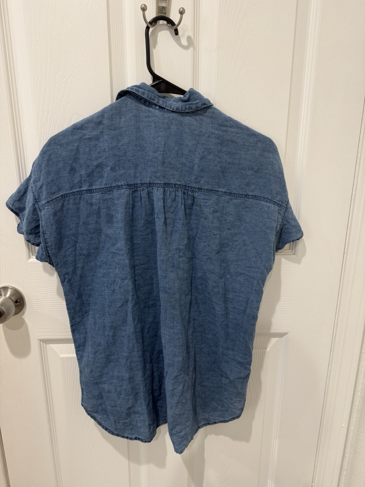 Madewell Blue Chambray Linen Cotton Ruffle Short Sleeve Collared Button-Up XS
