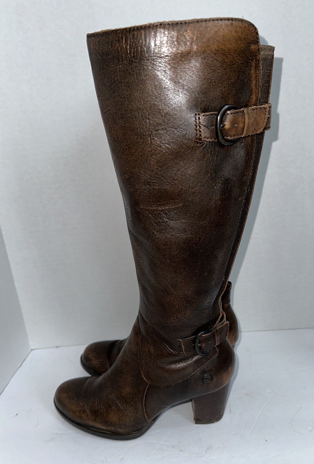 BORN Vita Cognac Brown Leather Knee High Side Zip Buckle Boots Sz 6