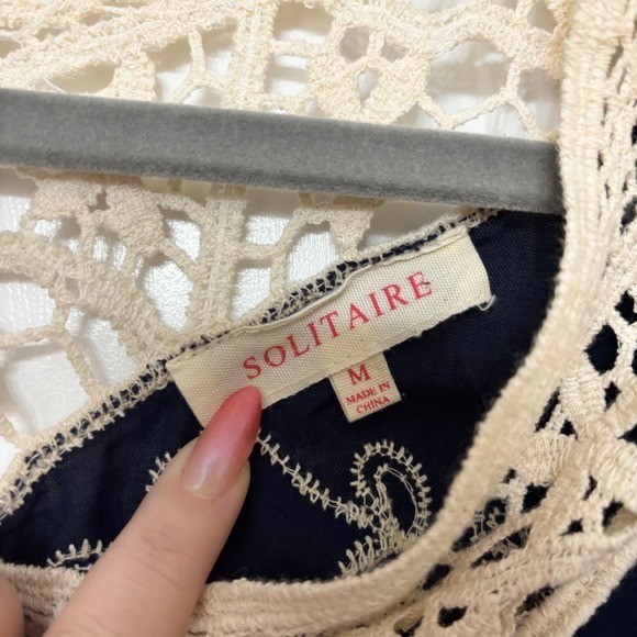 Solitaire Navy Blue Floral Embroidered Crochet Lace Trim Boho Blouse Medium