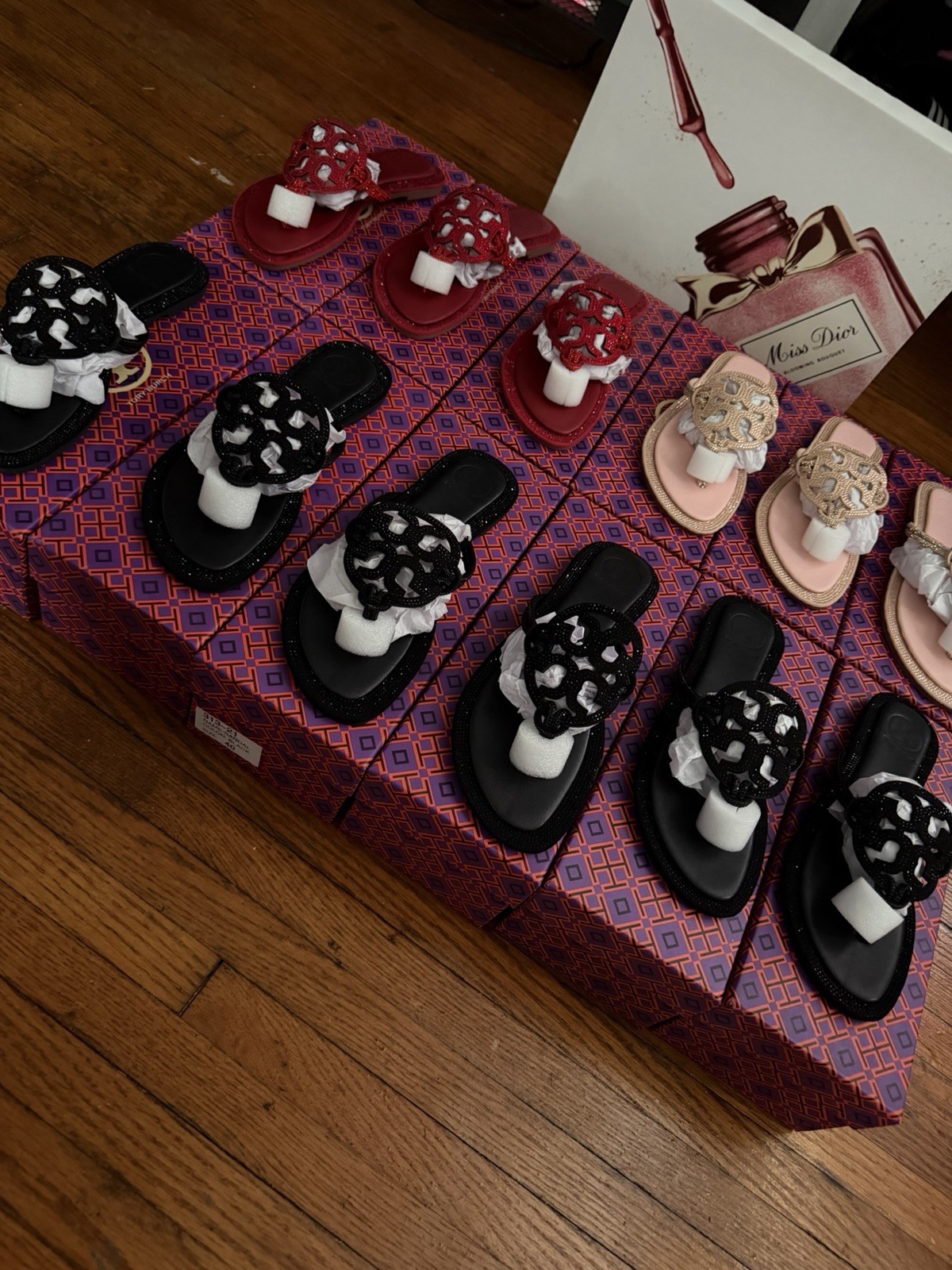 Tory Burch Rhinestone Thong Slip-On Sandals Black Red Beige Breathable Women