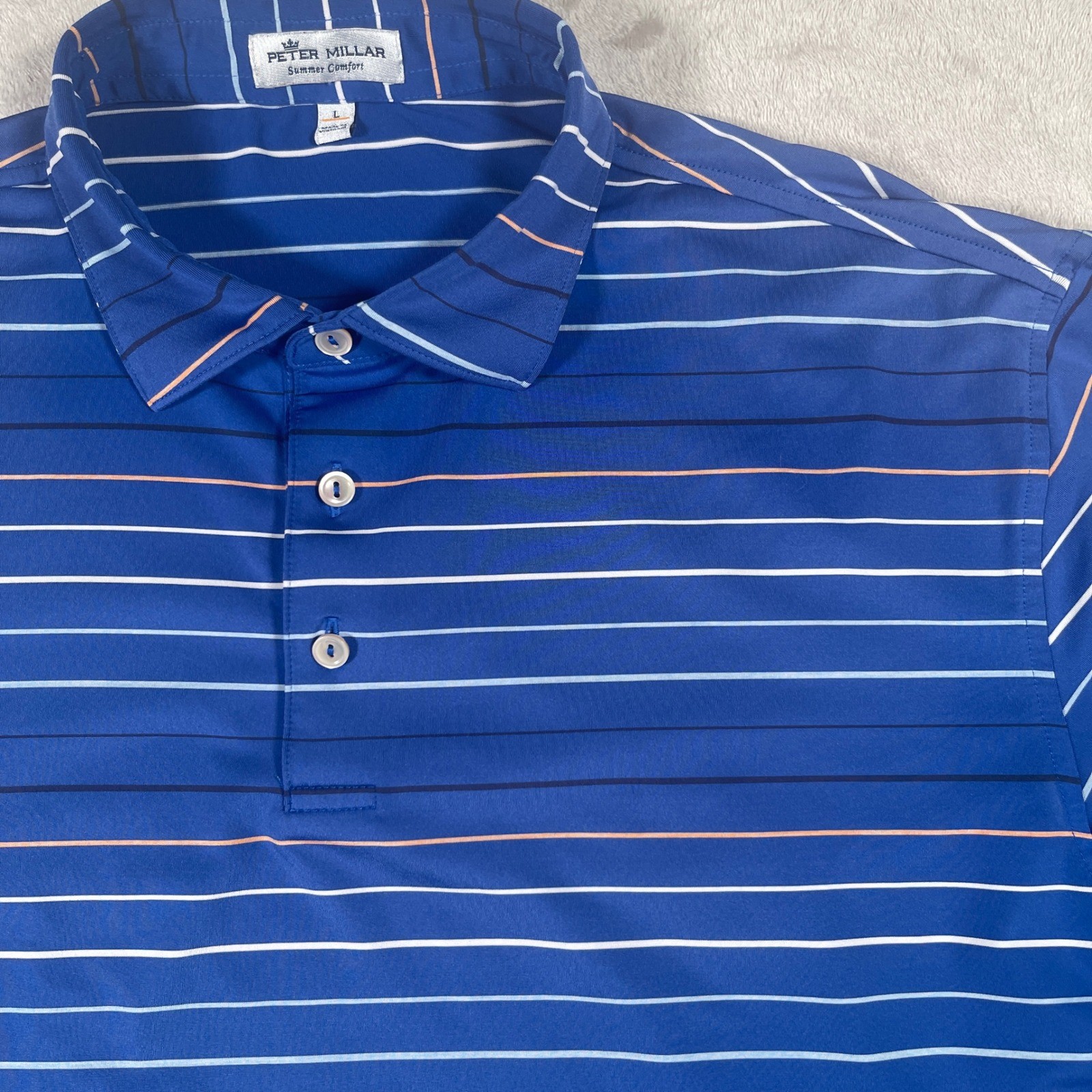 Peter Millar Summer Comfort Polo Mens L Blue Striped Performance Short Sleeve