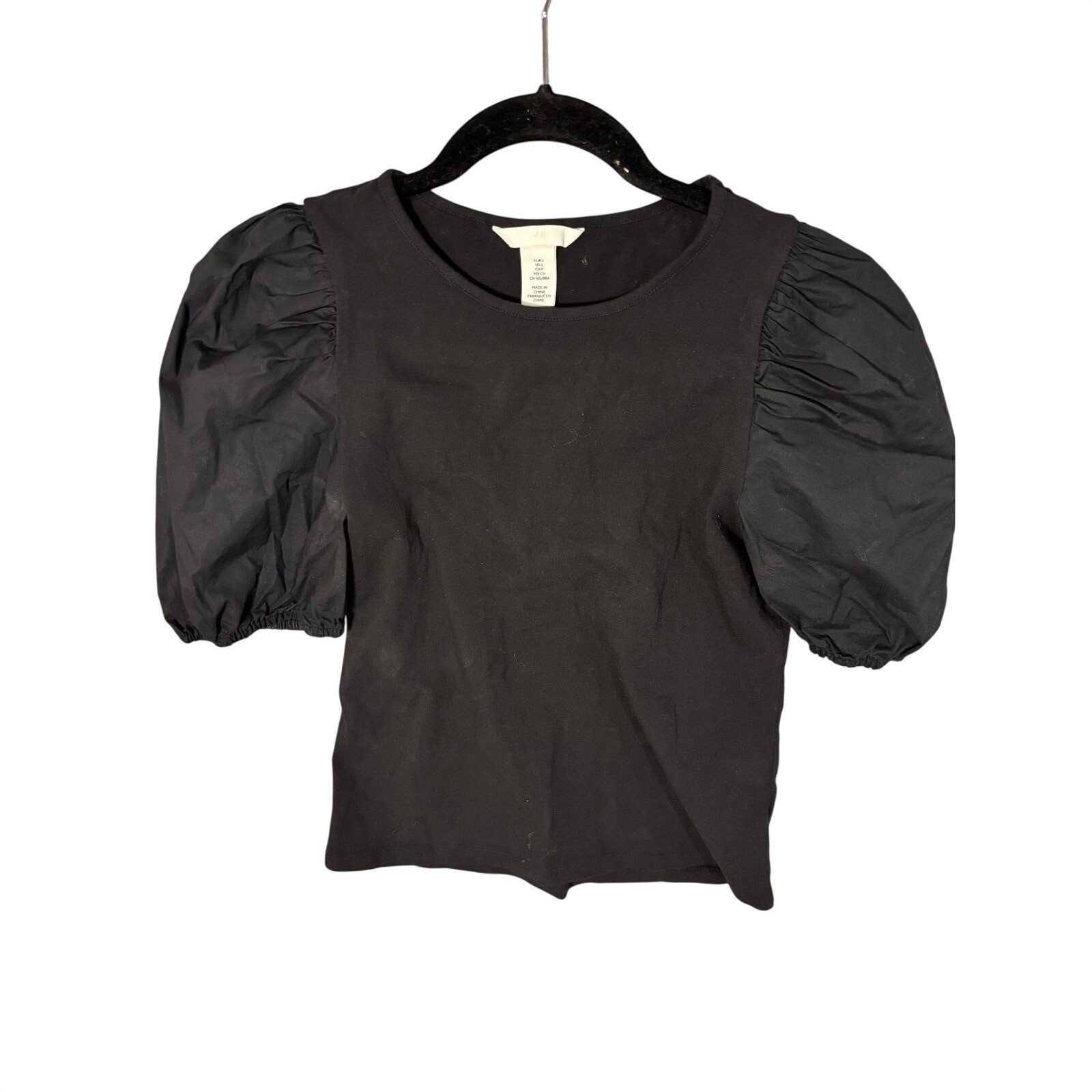 H&M Puff Sleeve Top Womens Small Black Short Sleeve Crew Neck Blouse