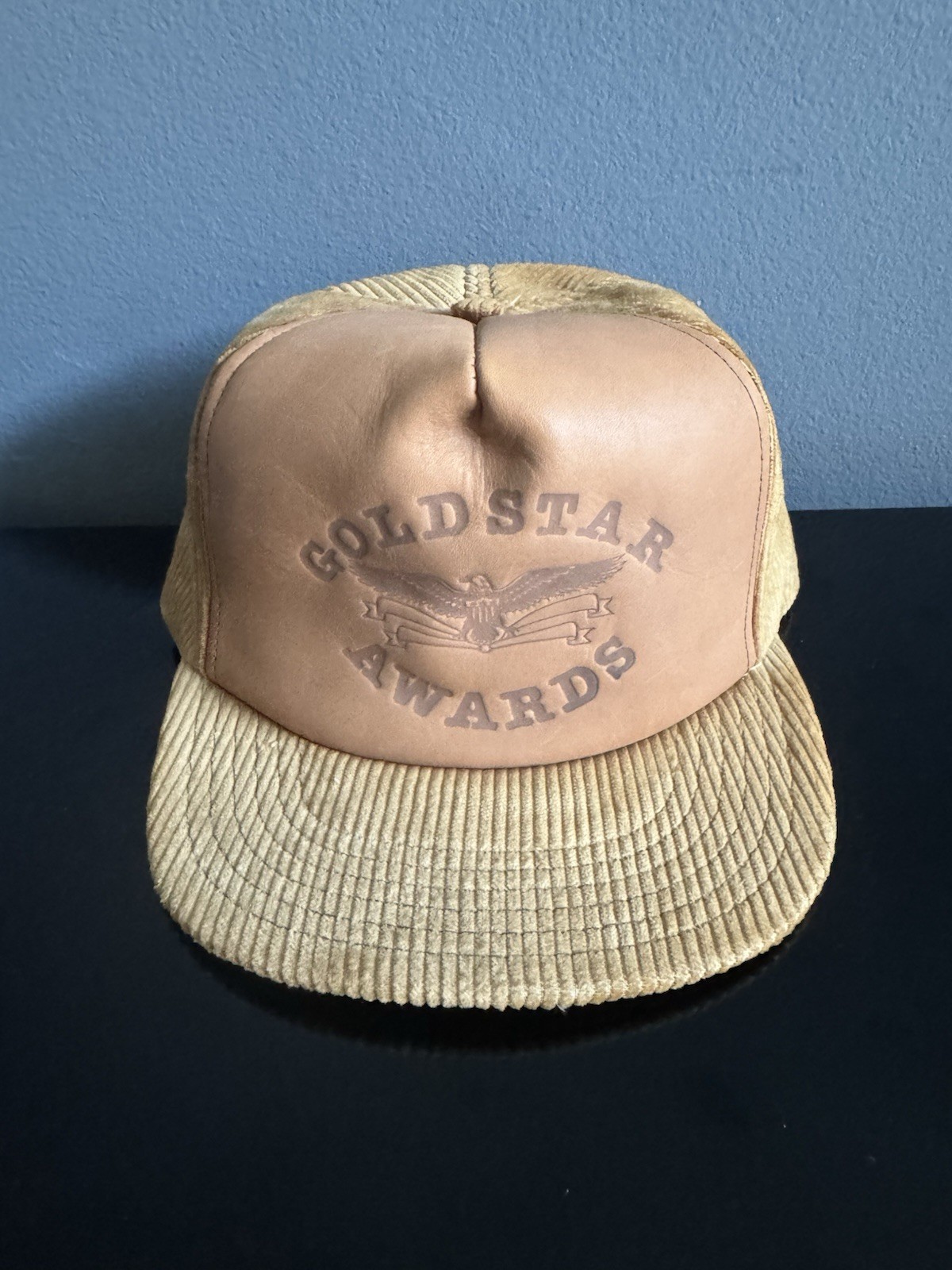 VTG Military GOLDSTAR AWARDS Leather Corduroy Trucker Cap Hat Snap Back USA RARE