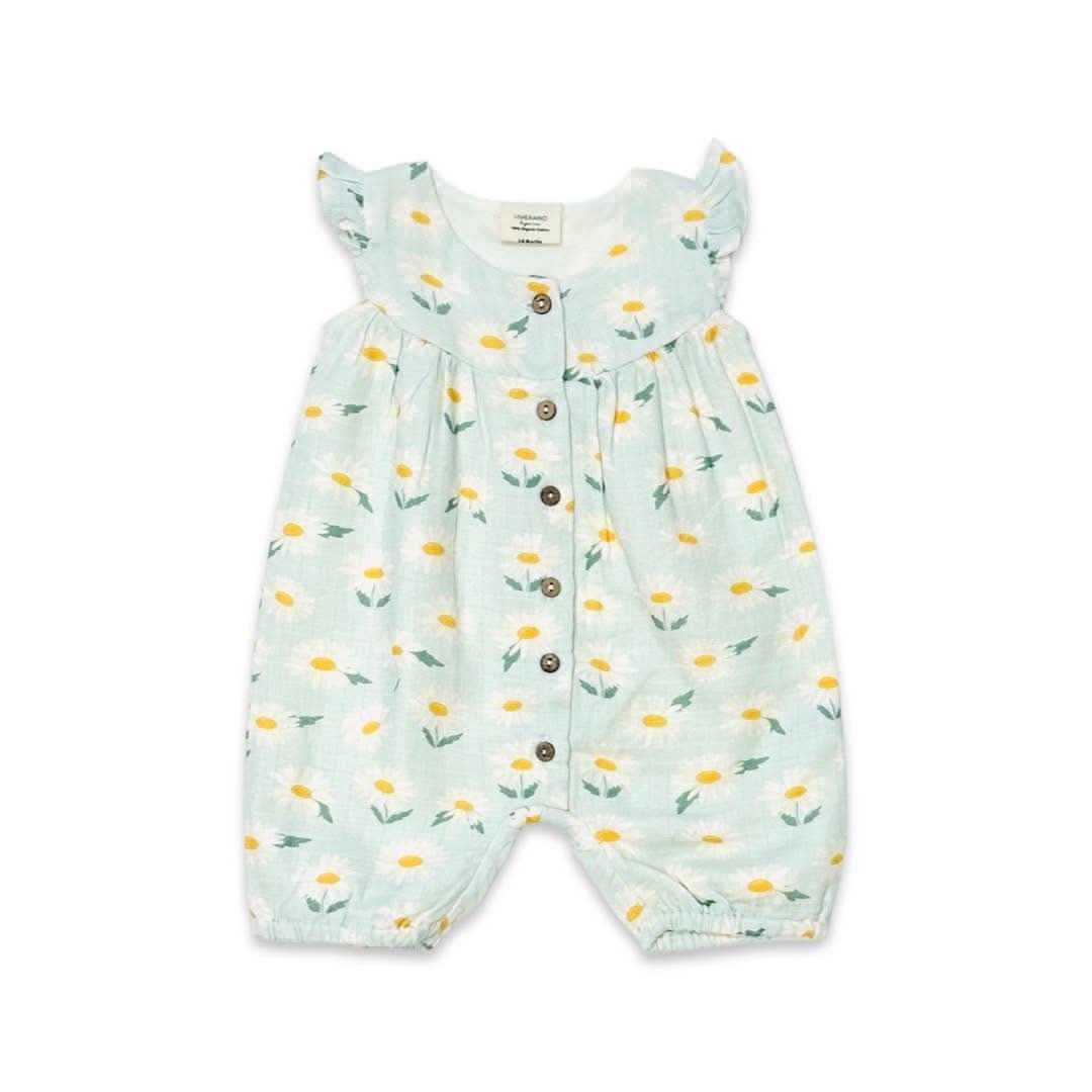 Viverano Organics Daisies Printed Ruffle Organic Cotton Muslin Baby Girl Romper