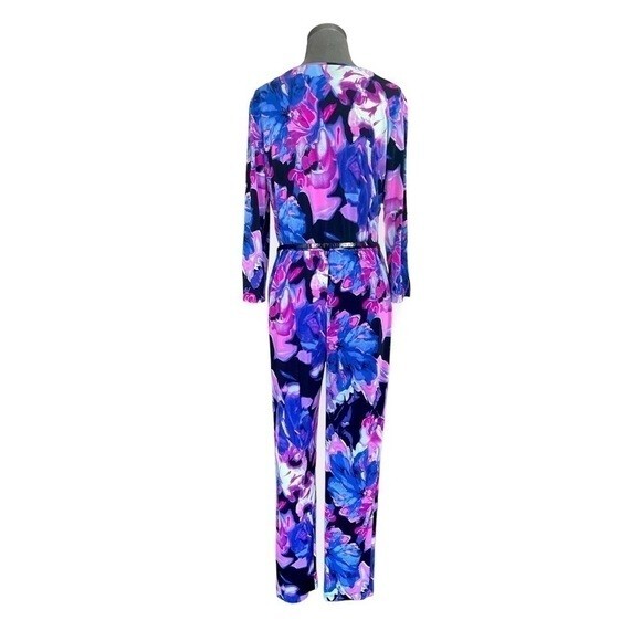 C&C Studio Royal Blue Pink Floral Print 100% Polyester Belted Zip Front Jumpsuit