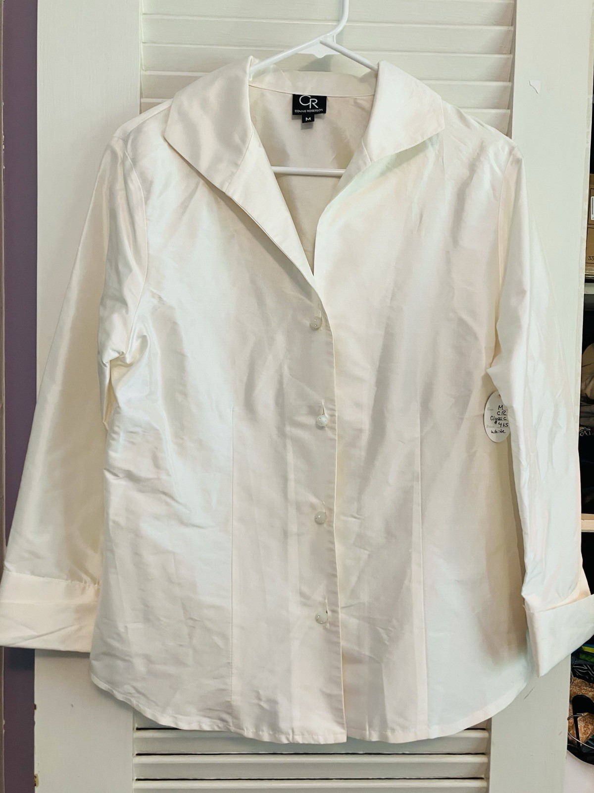 M) NWT CONNIE ROBERSON Ecru White SILK Glass Buttons Blouse GORGEOUS