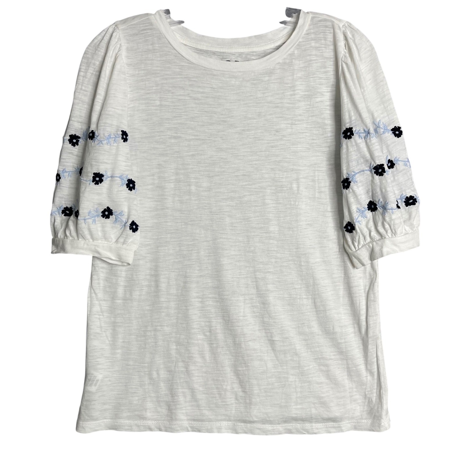 Loft Slub Tee Womens S White Floral Embroidered Puff Sleeves Preppy Lightweight