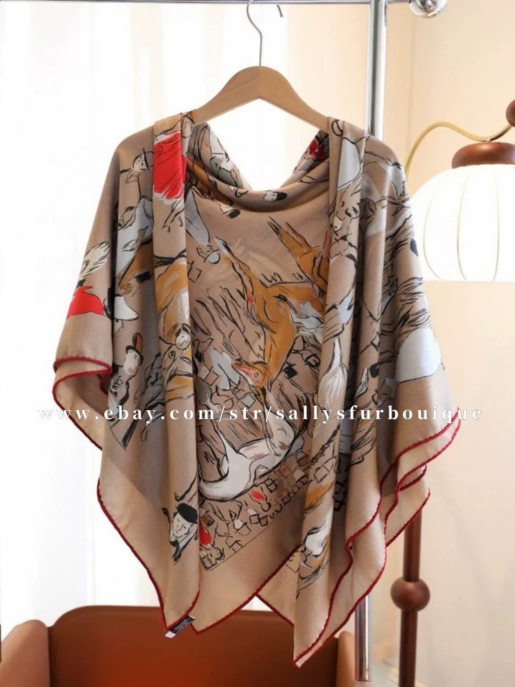 70% Cashmere & 30% Silk Wrap Scarf Horses Print Double Face Shawl 53″