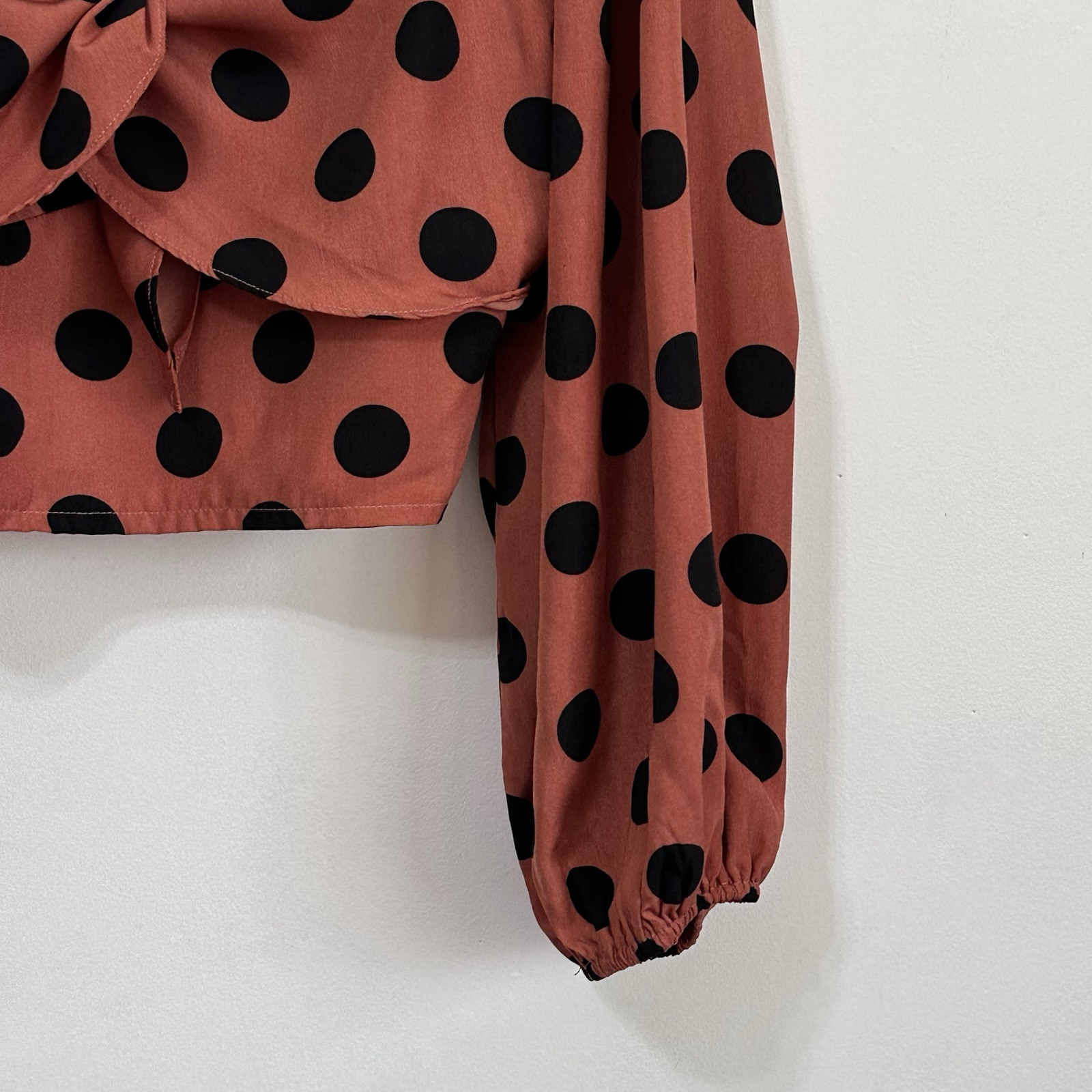 Do+Be Top L Crop Smocked Tie Front Long Sleeve Brown Polka Dot Festival Summer