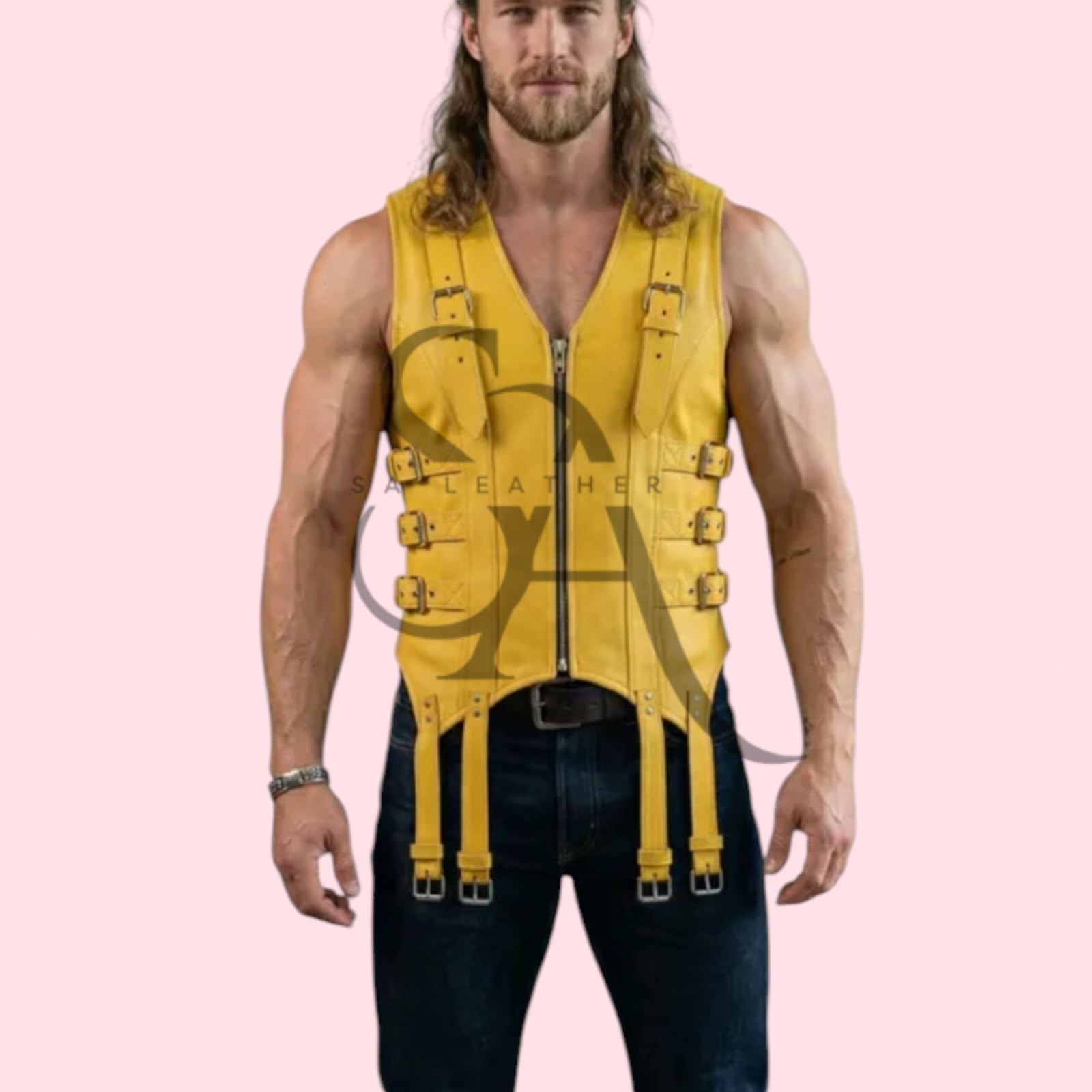 Men’s Yellow Leather Biker Vest Belt Strap Style Genuine Lambskin Leather Vest