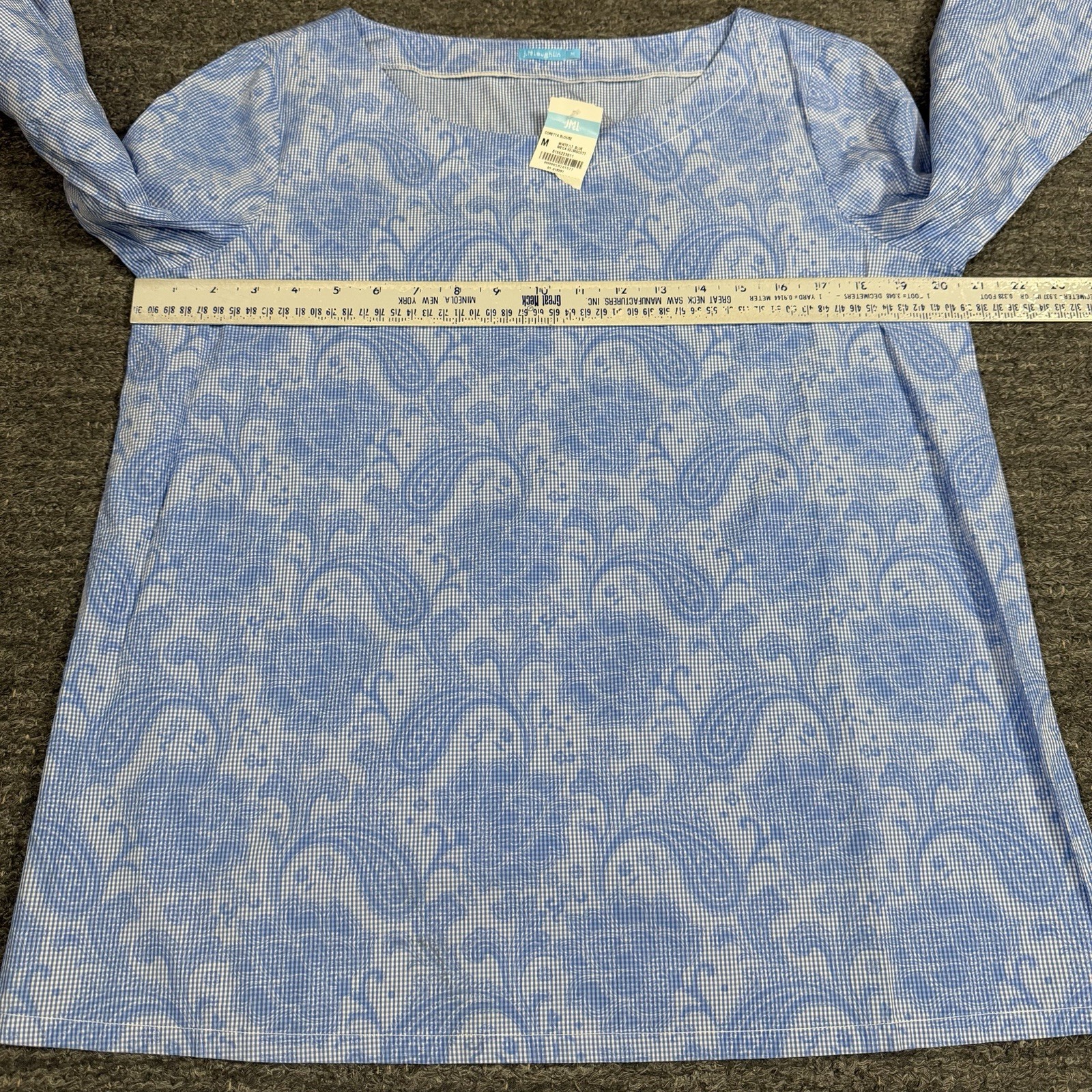 J Mclaughlin Coretta Blouse Women Medium Boat Neck Bell Sleeve Paisley Blue NEW